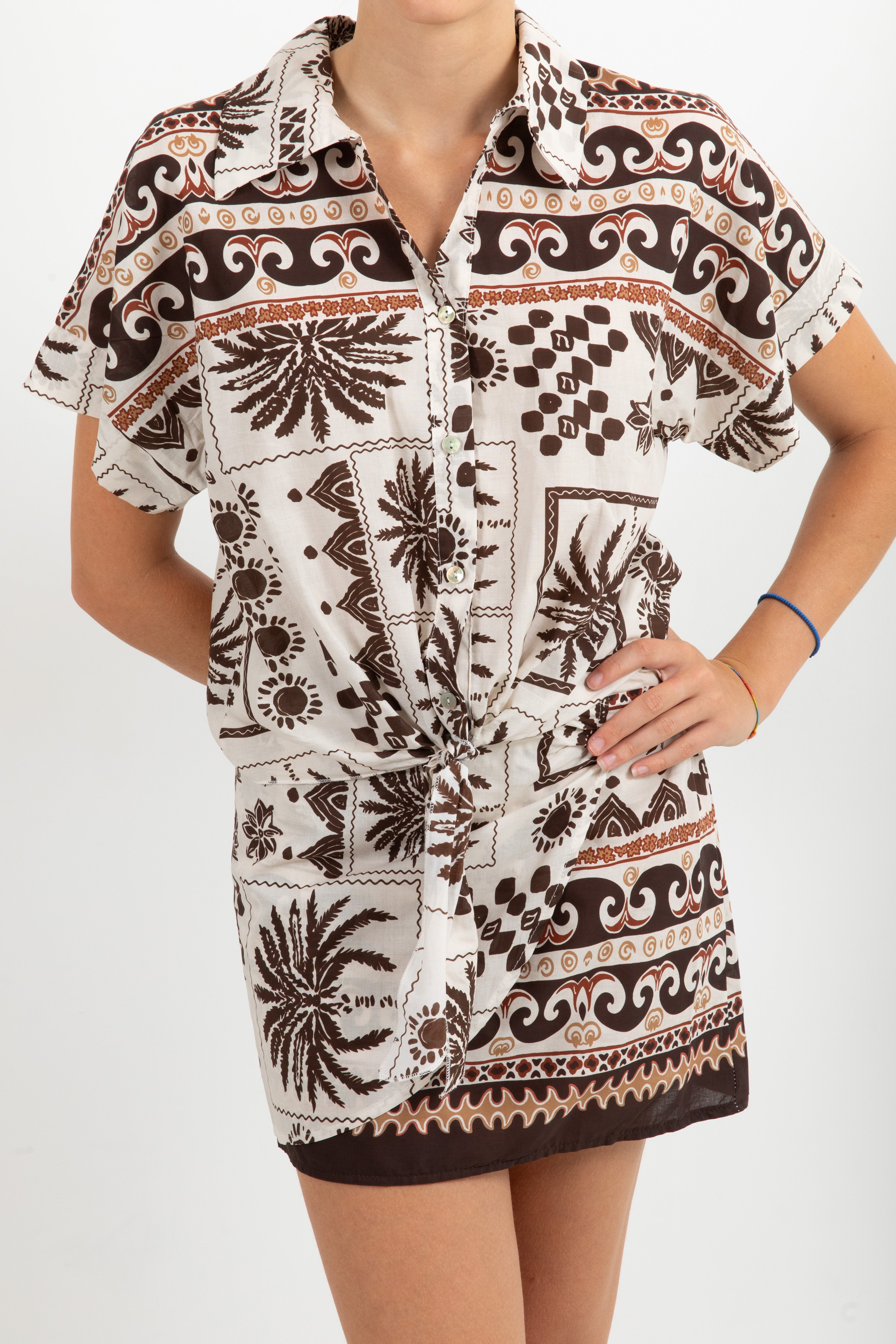 Coordinato camicia con nodo e gonna-pareo corta fantasia safari Susy Mix
