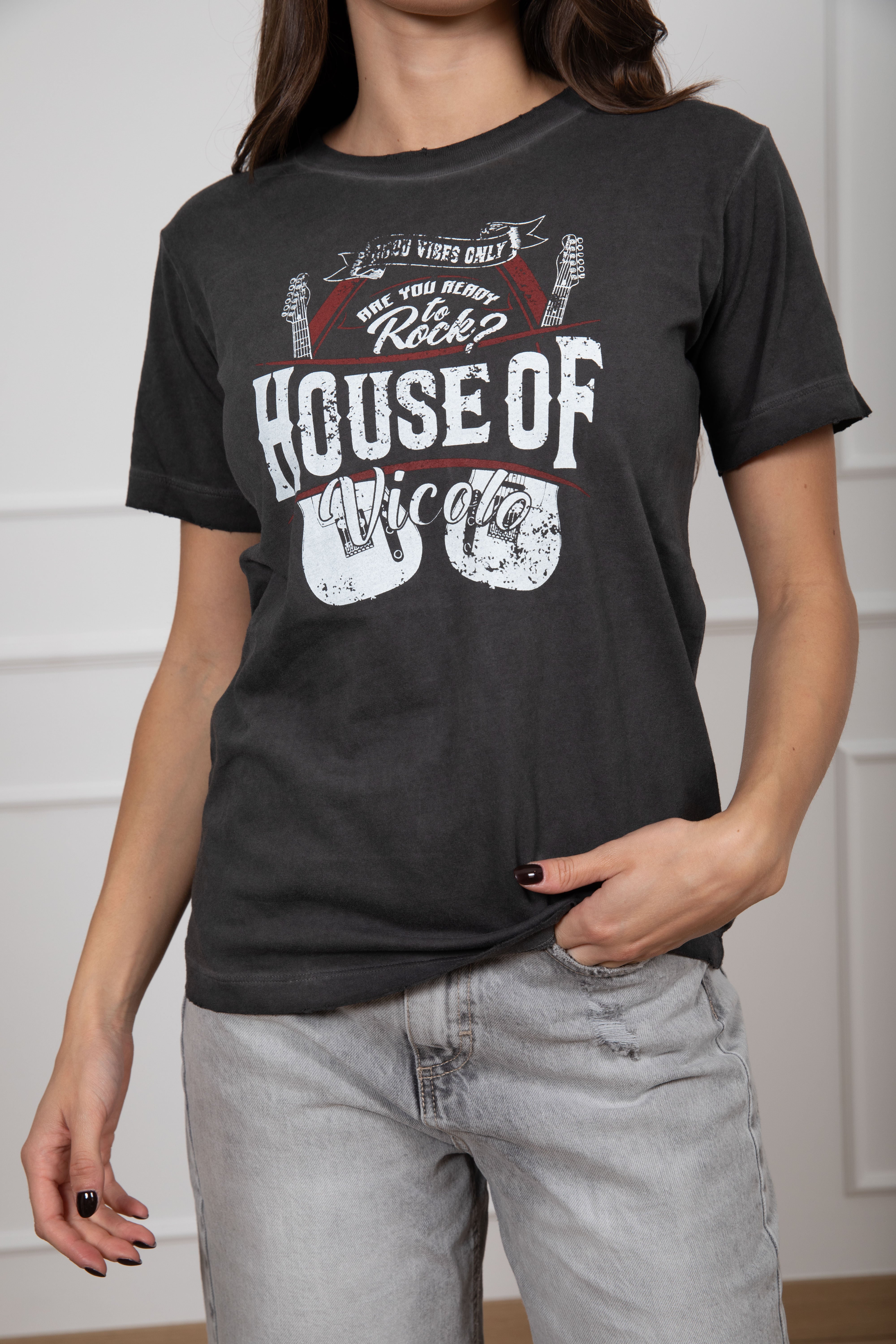 T-shirt stone washed "Are you ready to rock?" ViCOLO