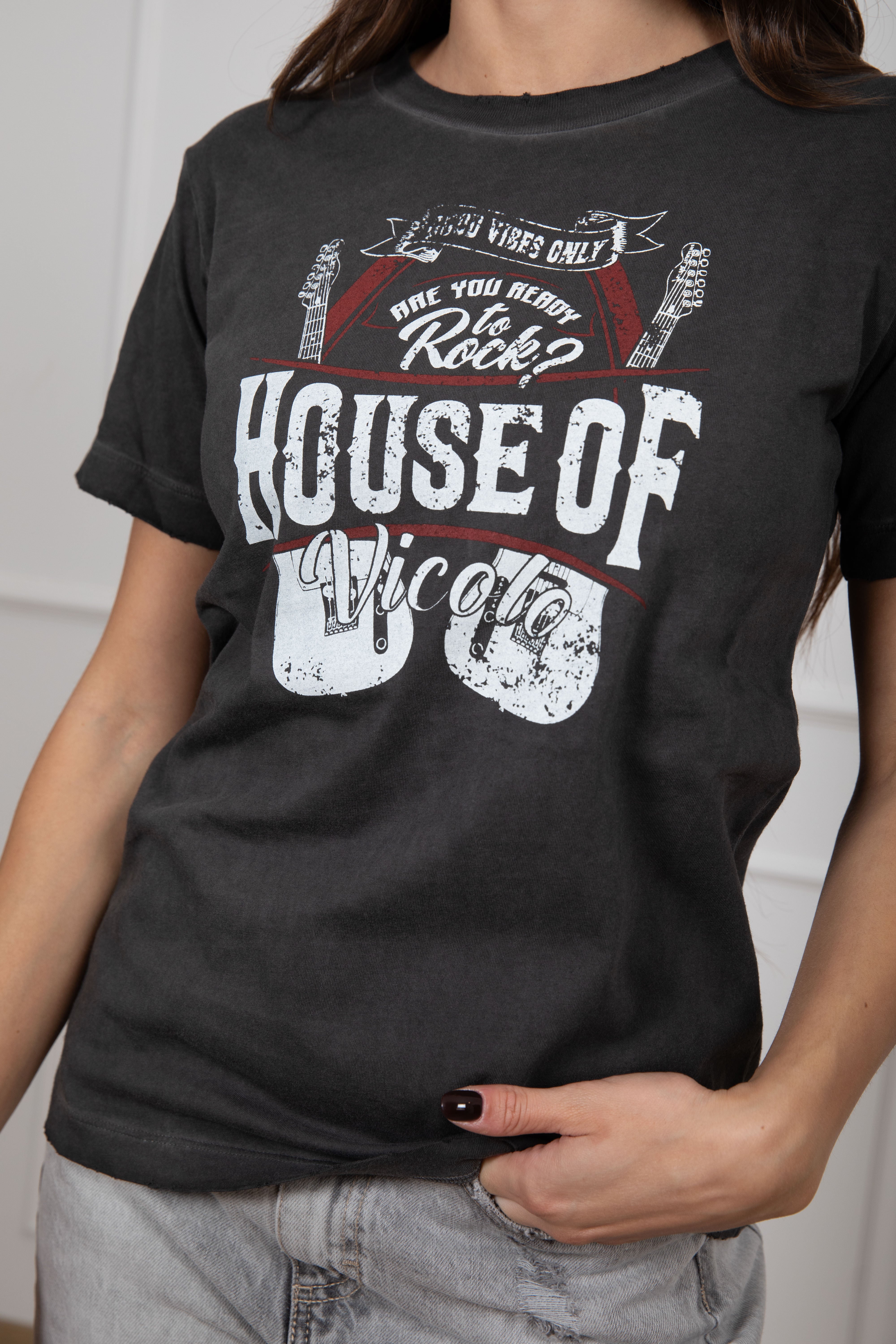 T-shirt stone washed "Are you ready to rock?" ViCOLO
