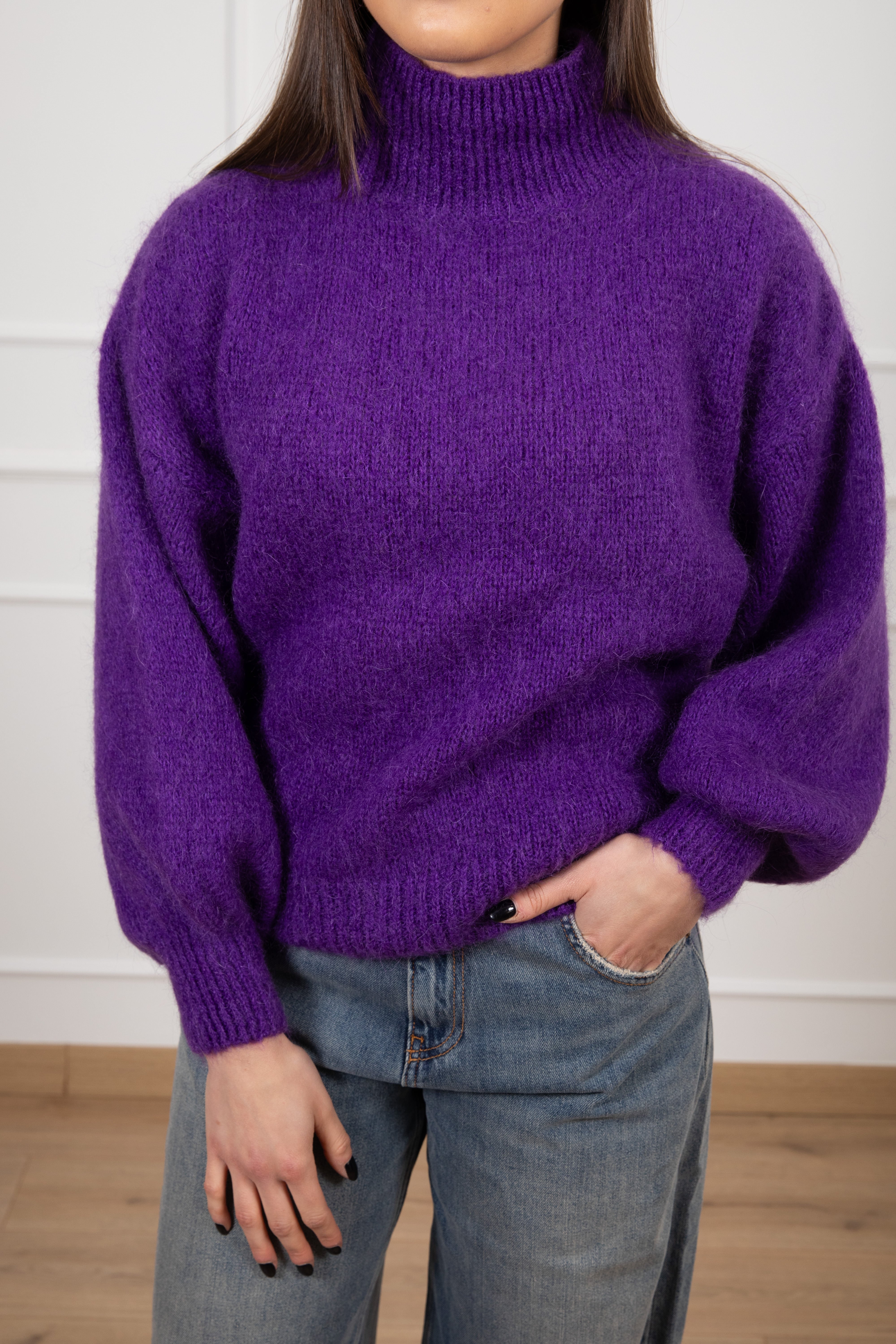 Pull in mohair a collo alto con manica a palloncino Dixie