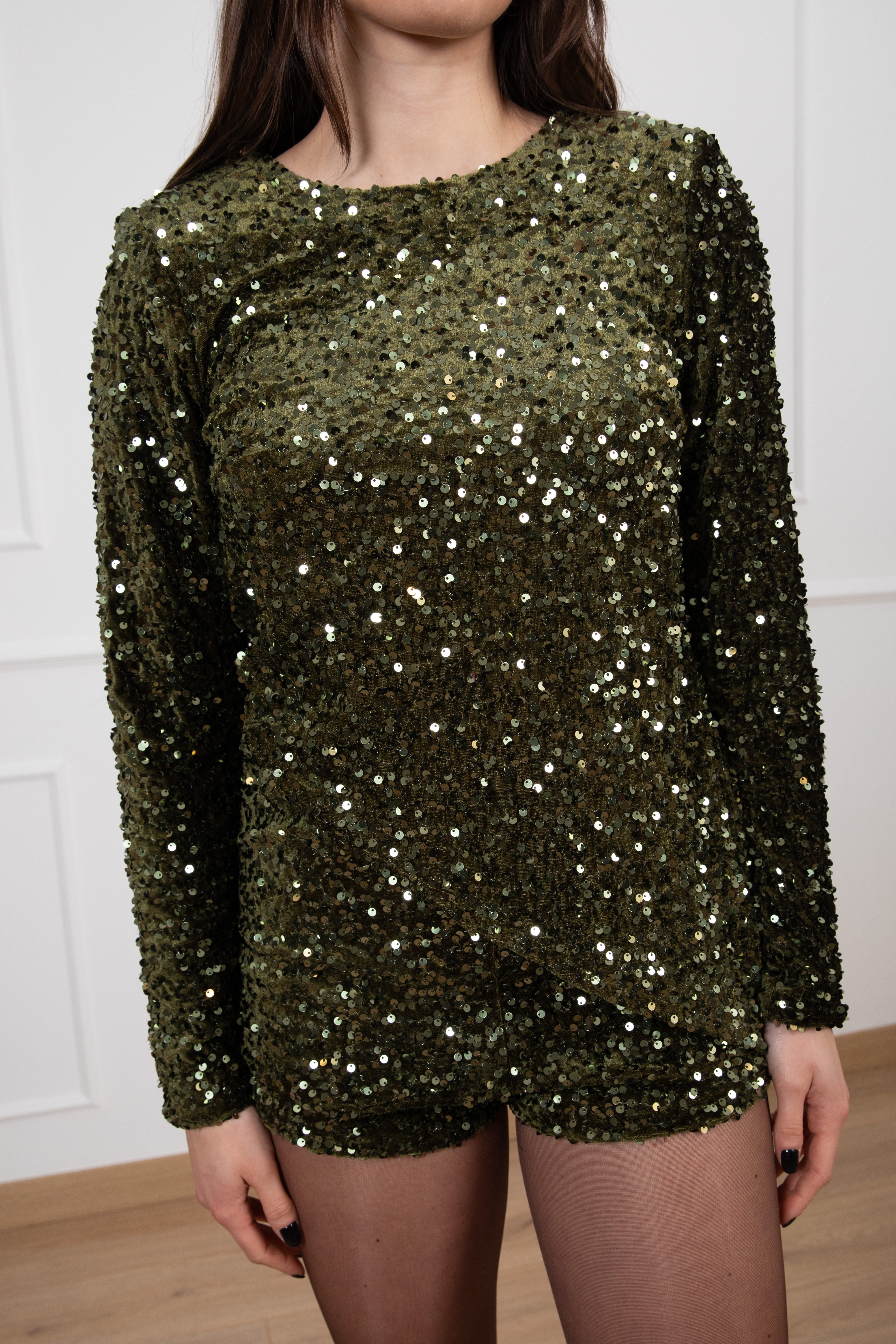 Blusa manica lunga asimmetrica con paillettes e ciniglia Tensione IN
