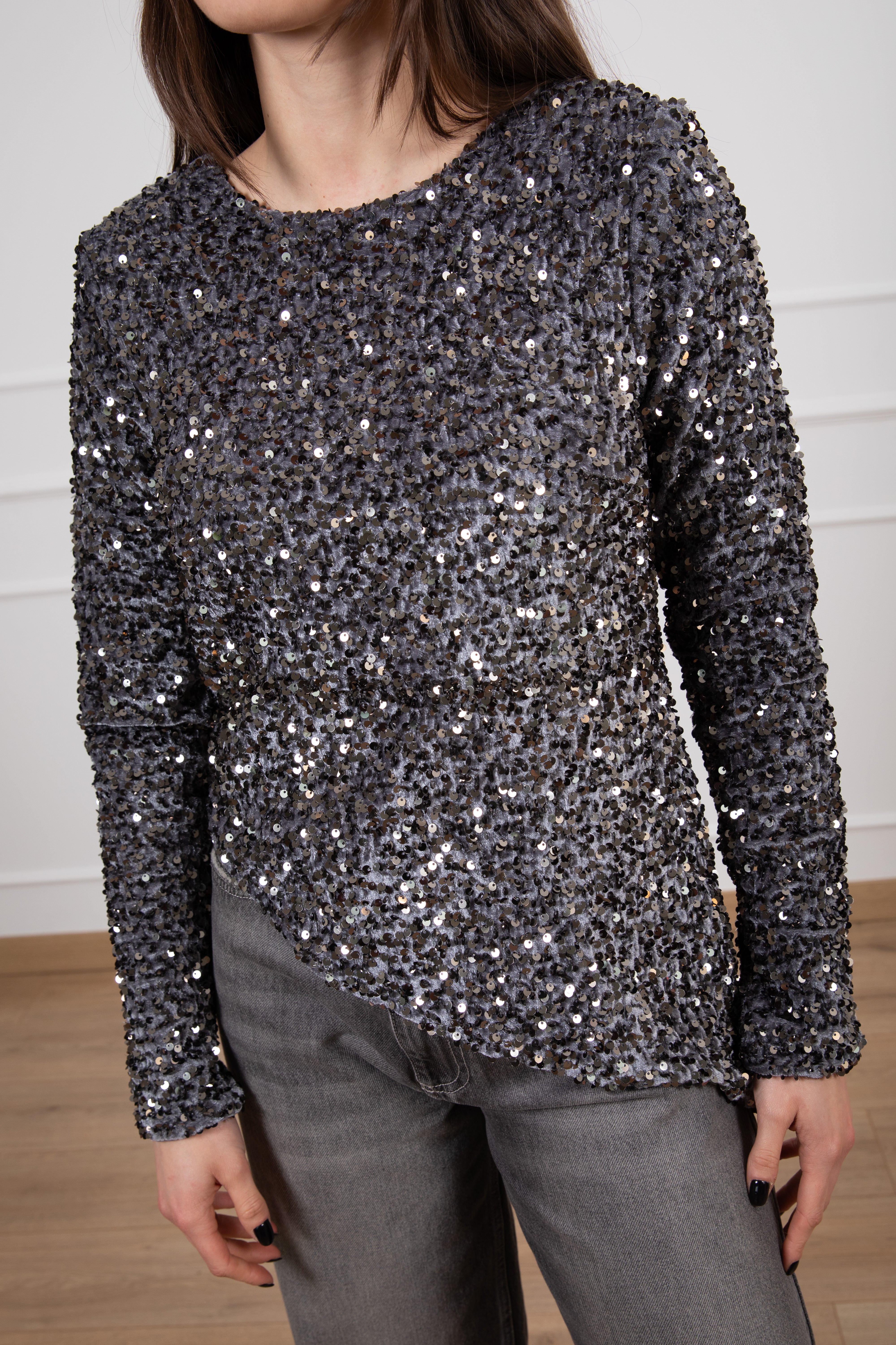 Blusa manica lunga asimmetrica con paillettes e ciniglia Tensione IN