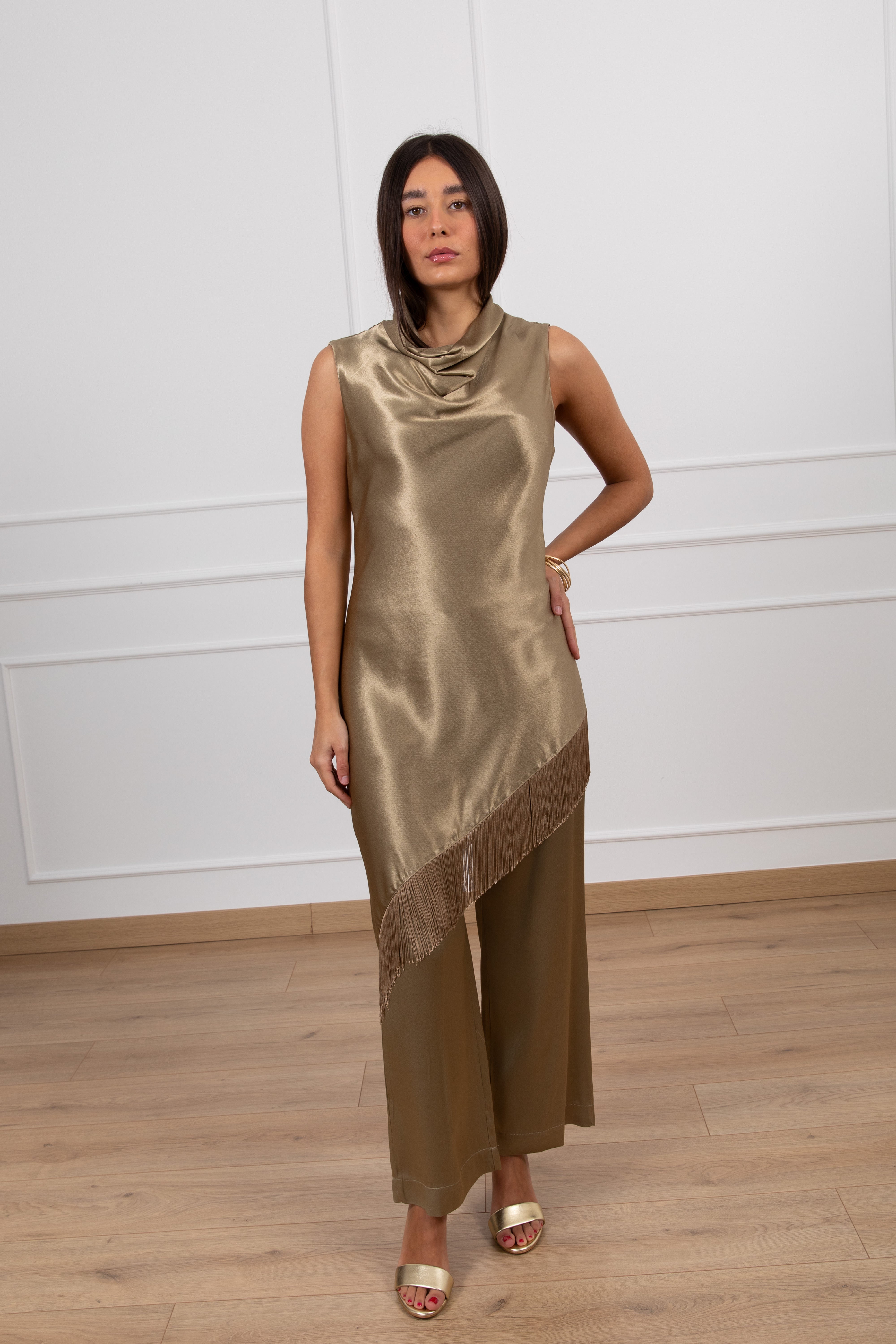 Coordinato in viscosa lucida blusa con frange e pantalone Dixie