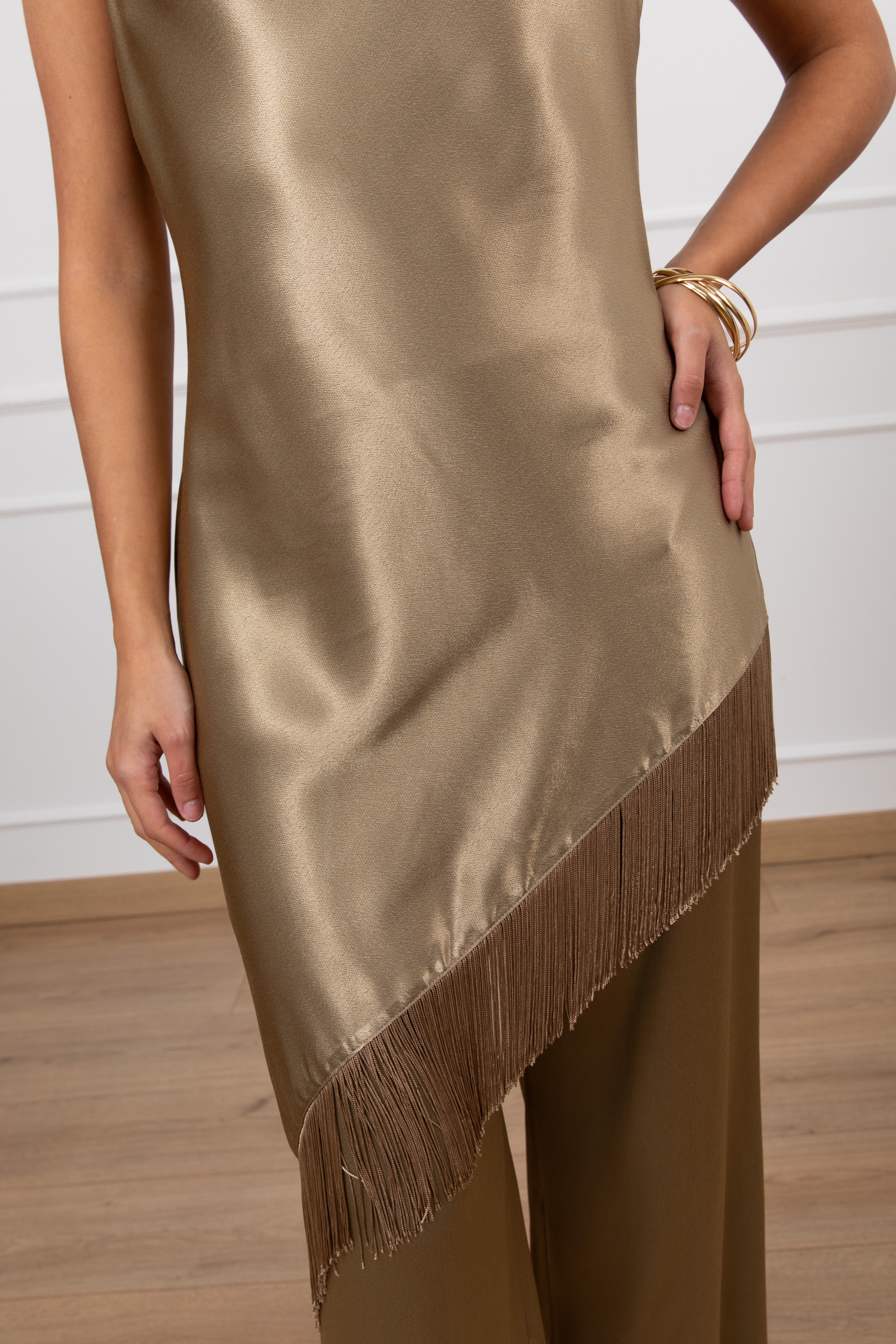 Coordinato in viscosa lucida blusa con frange e pantalone Dixie