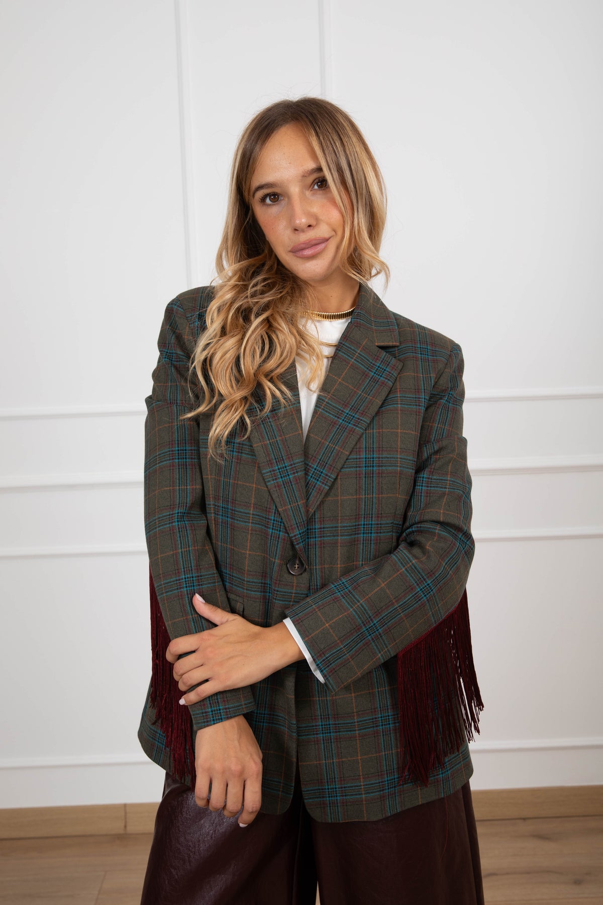 Giacca check con frange bordeaux sul retro Tensione IN