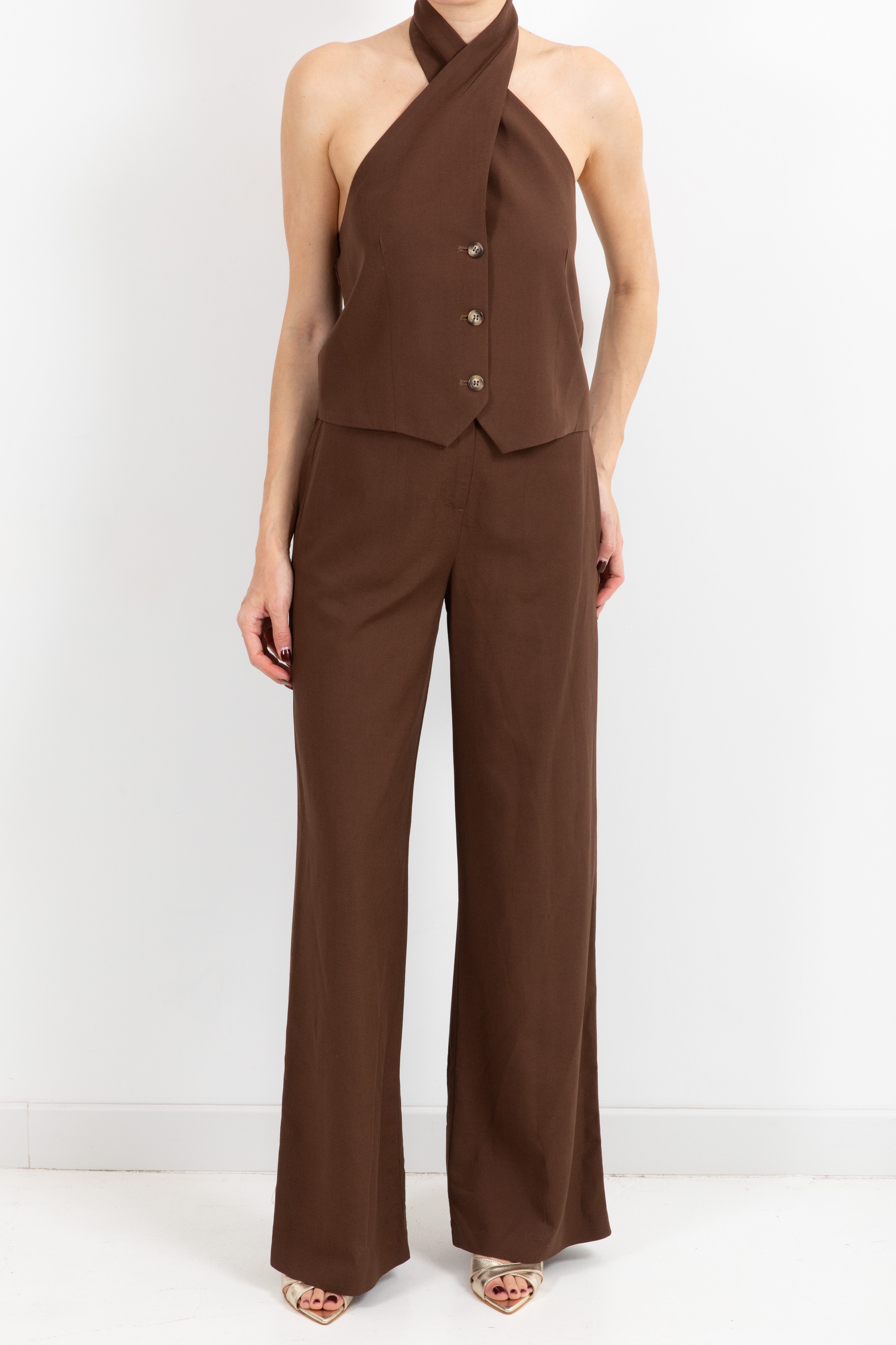 Tailleur gilet incrociato e pantalone con elastico sul retro in lino e viscosa Susy Mix