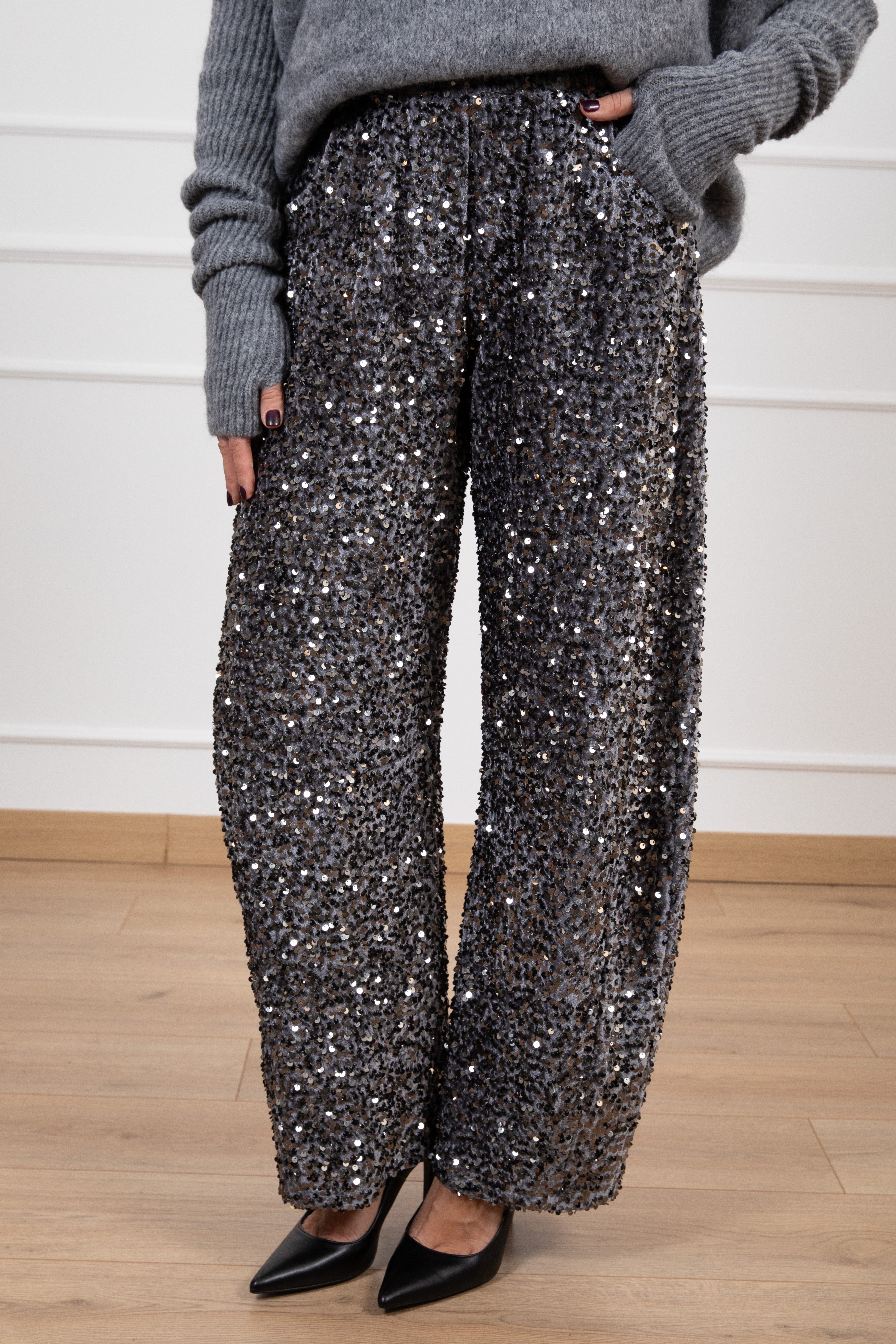 Pantalone barrel in ciniglia con paillettes Motel