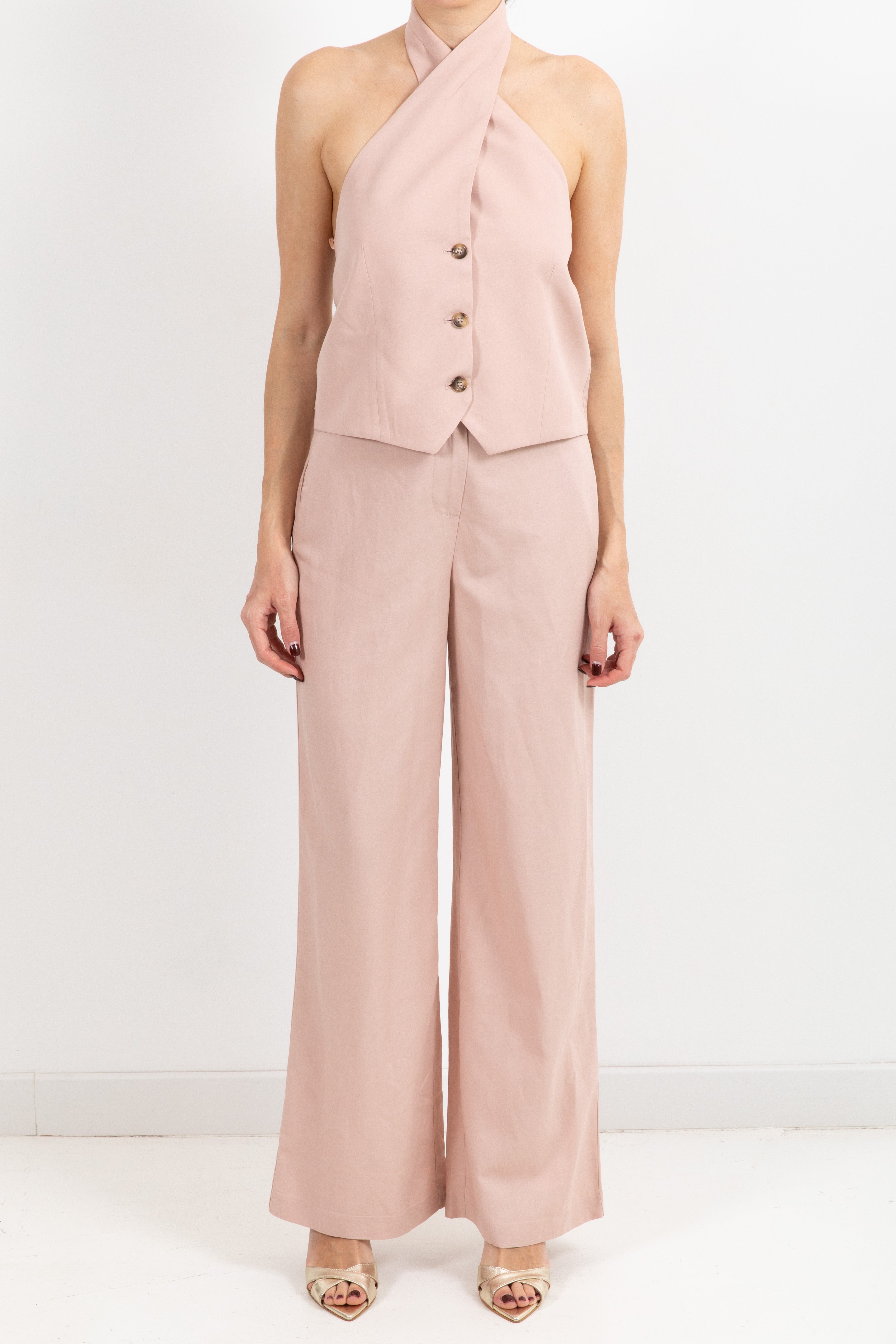 Tailleur gilet incrociato e pantalone con elastico sul retro in lino e viscosa Susy Mix
