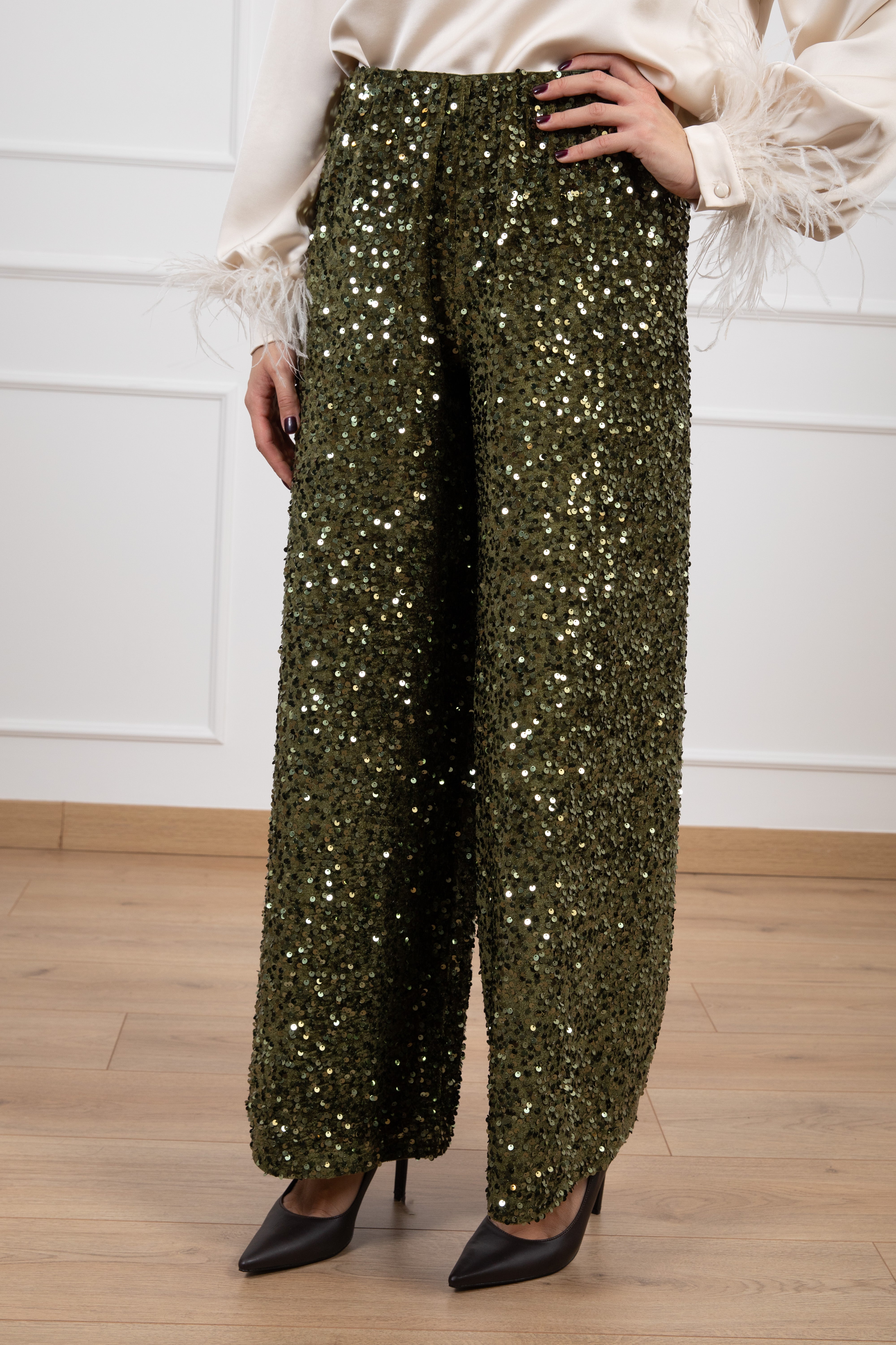 Pantalone gamba dritta in ciniglia con paillettes Tensione IN