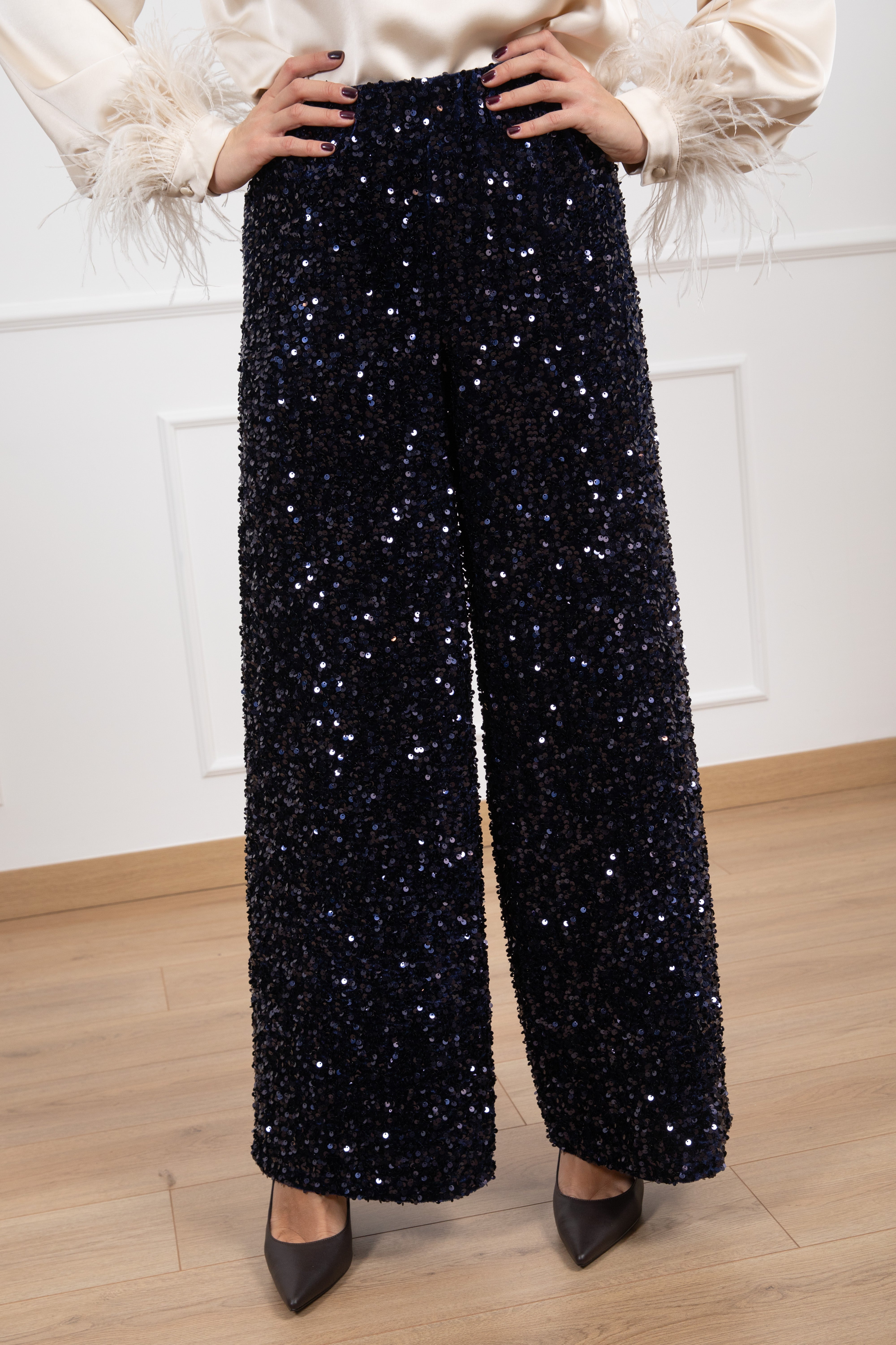 Pantalone gamba dritta in ciniglia con paillettes Tensione IN