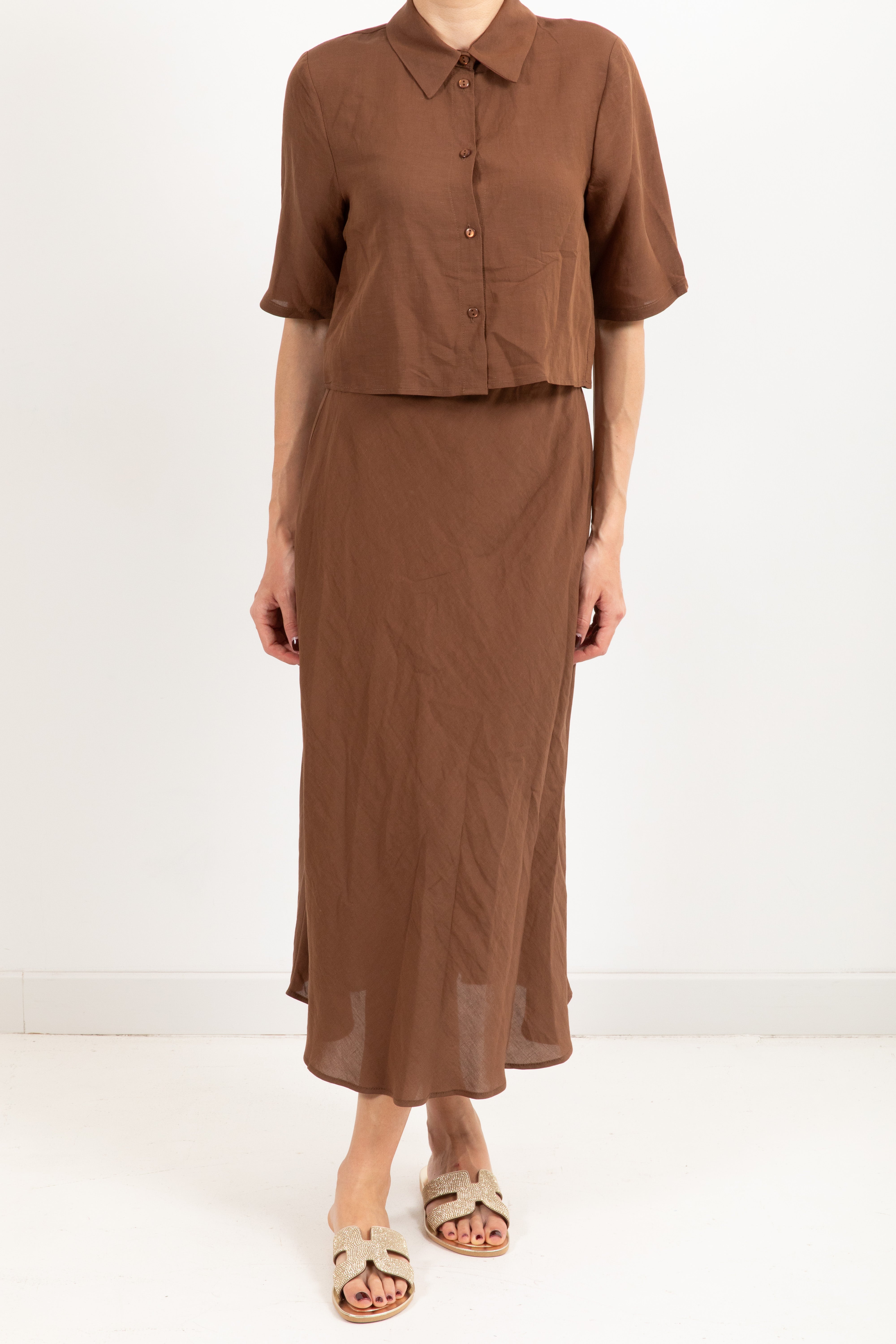 Coordinato camicia cropped e gonna in viscosa e lino Tensione IN