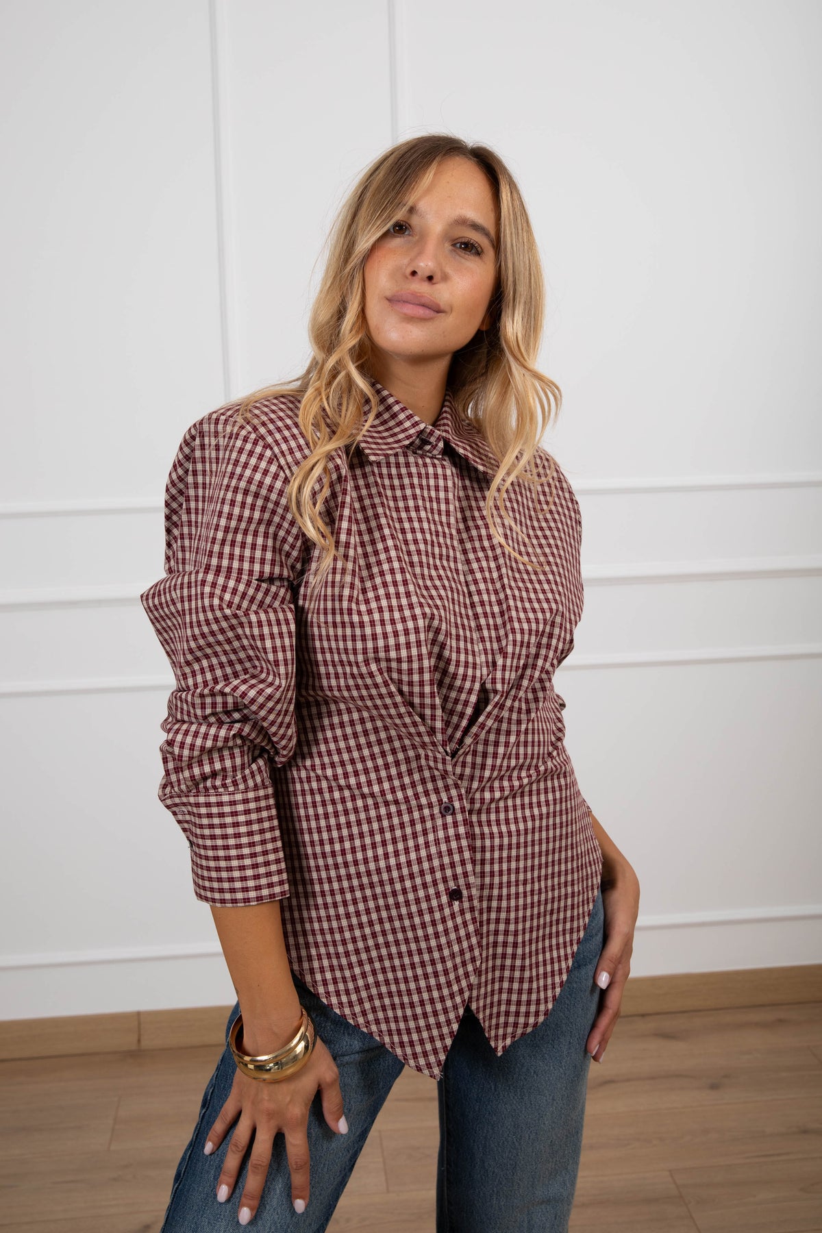 Camicia check con spallina imbottita e riprese variante bordeaux Tensione IN
