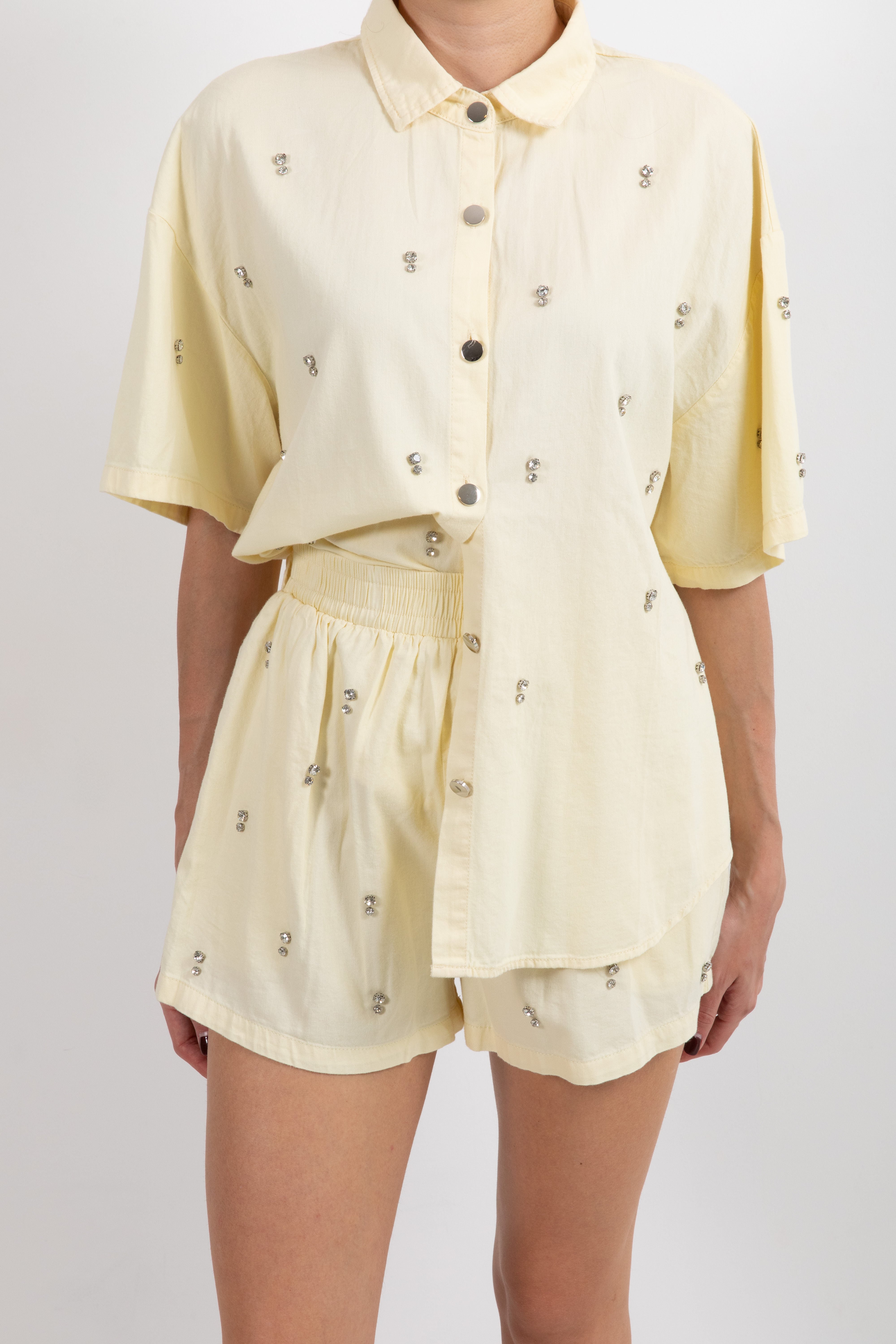 Coordinato in cotone camicia manica corta e shorts con strass Susy Mix