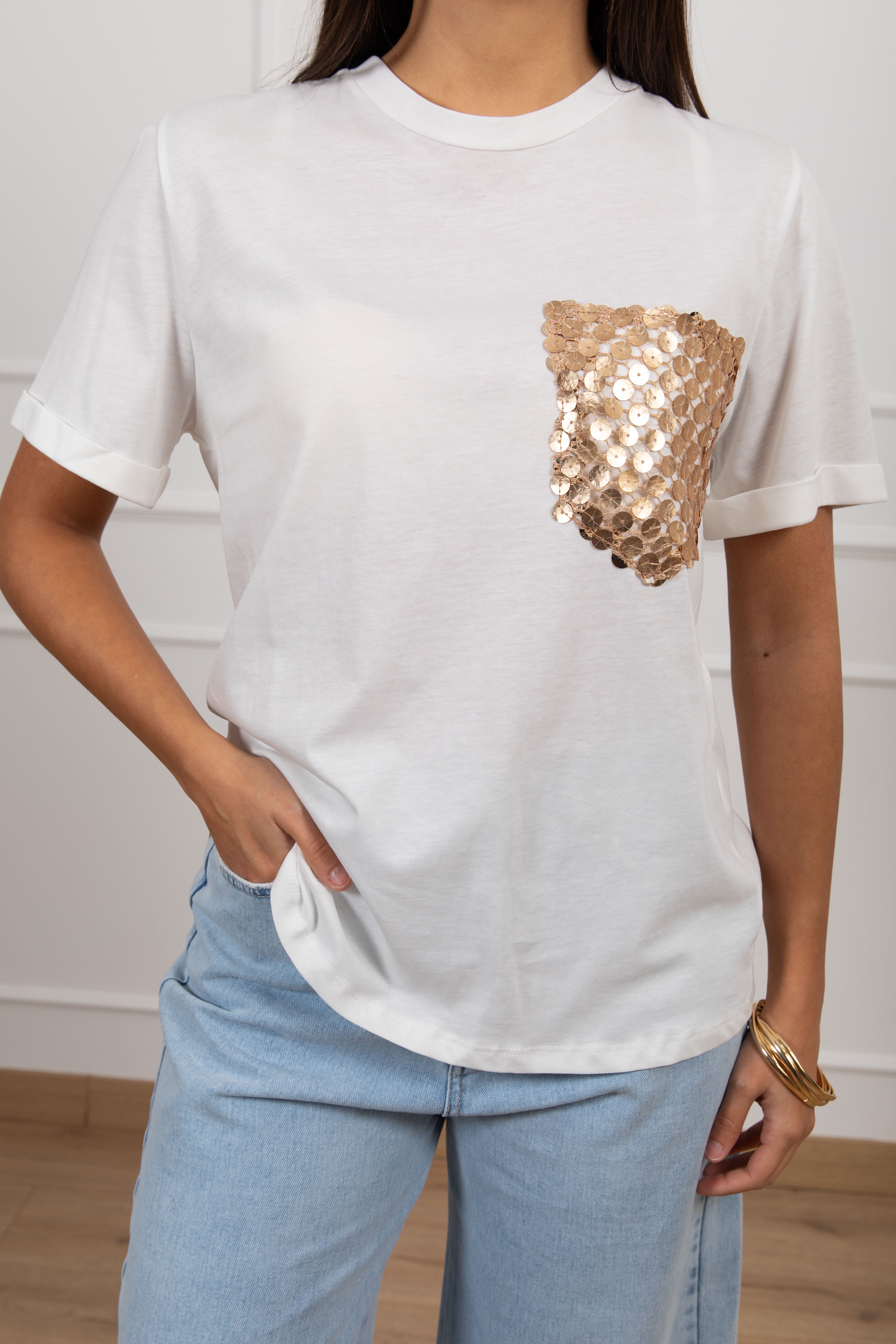 T-shirt con tasca paillettes bronzo Tensione IN