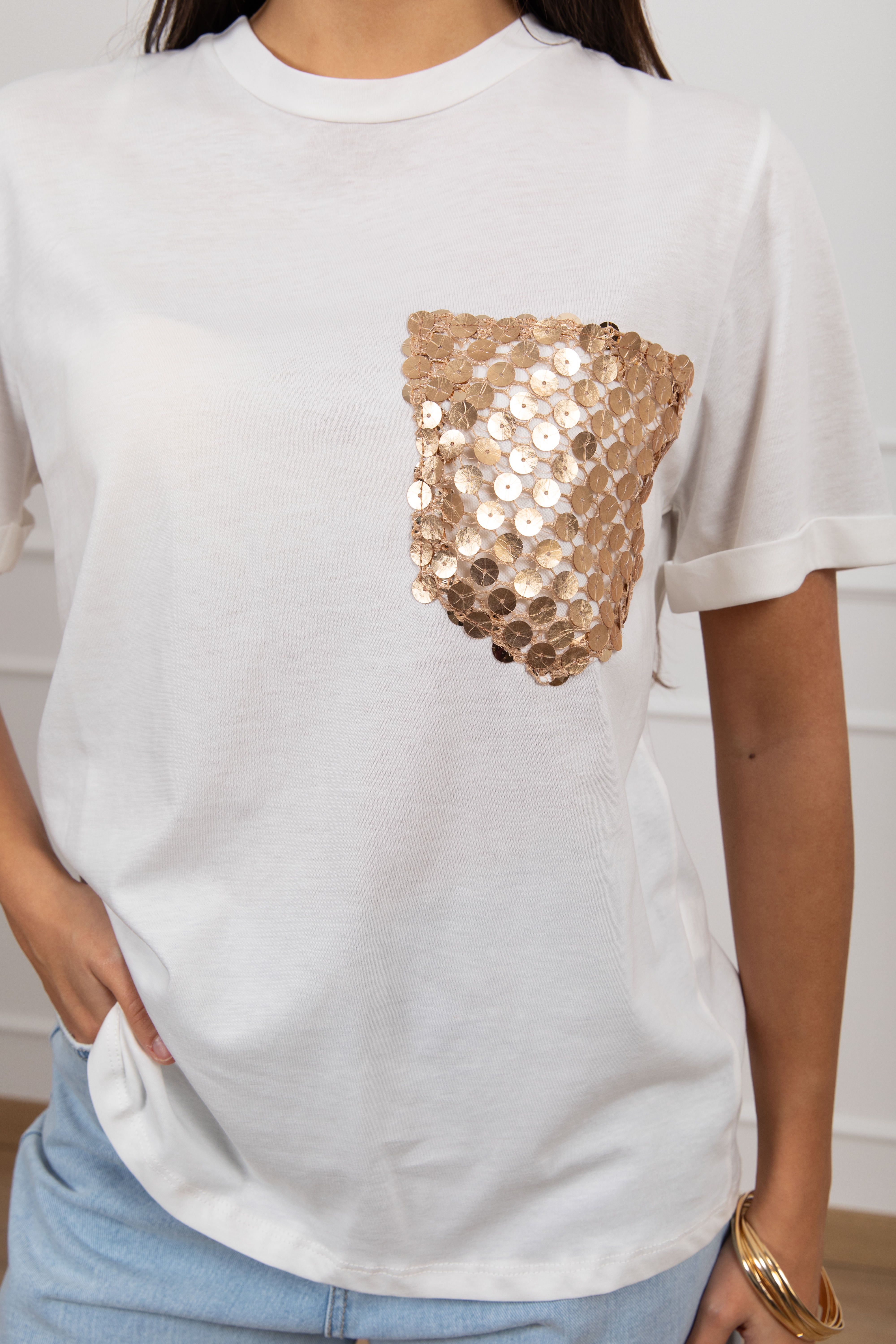 T-shirt con tasca paillettes bronzo Tensione IN
