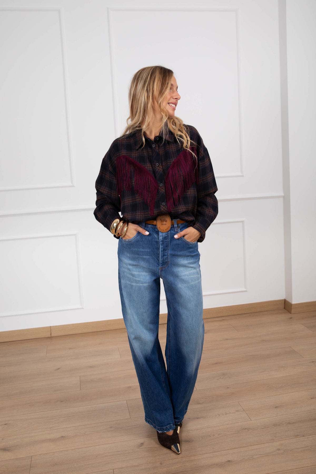 Camicia check in flanella con frange variante grigio/bordeaux Tensione IN