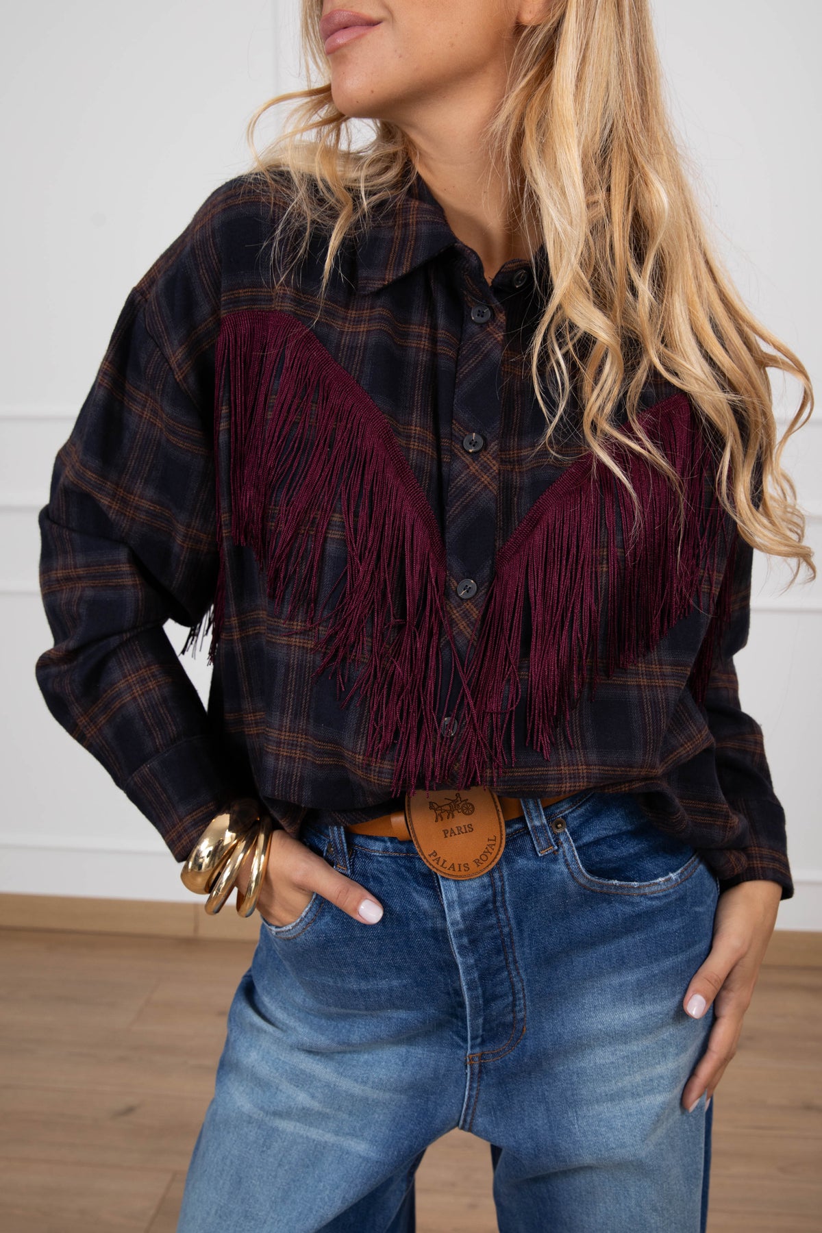 Camicia check in flanella con frange variante grigio/bordeaux Tensione IN