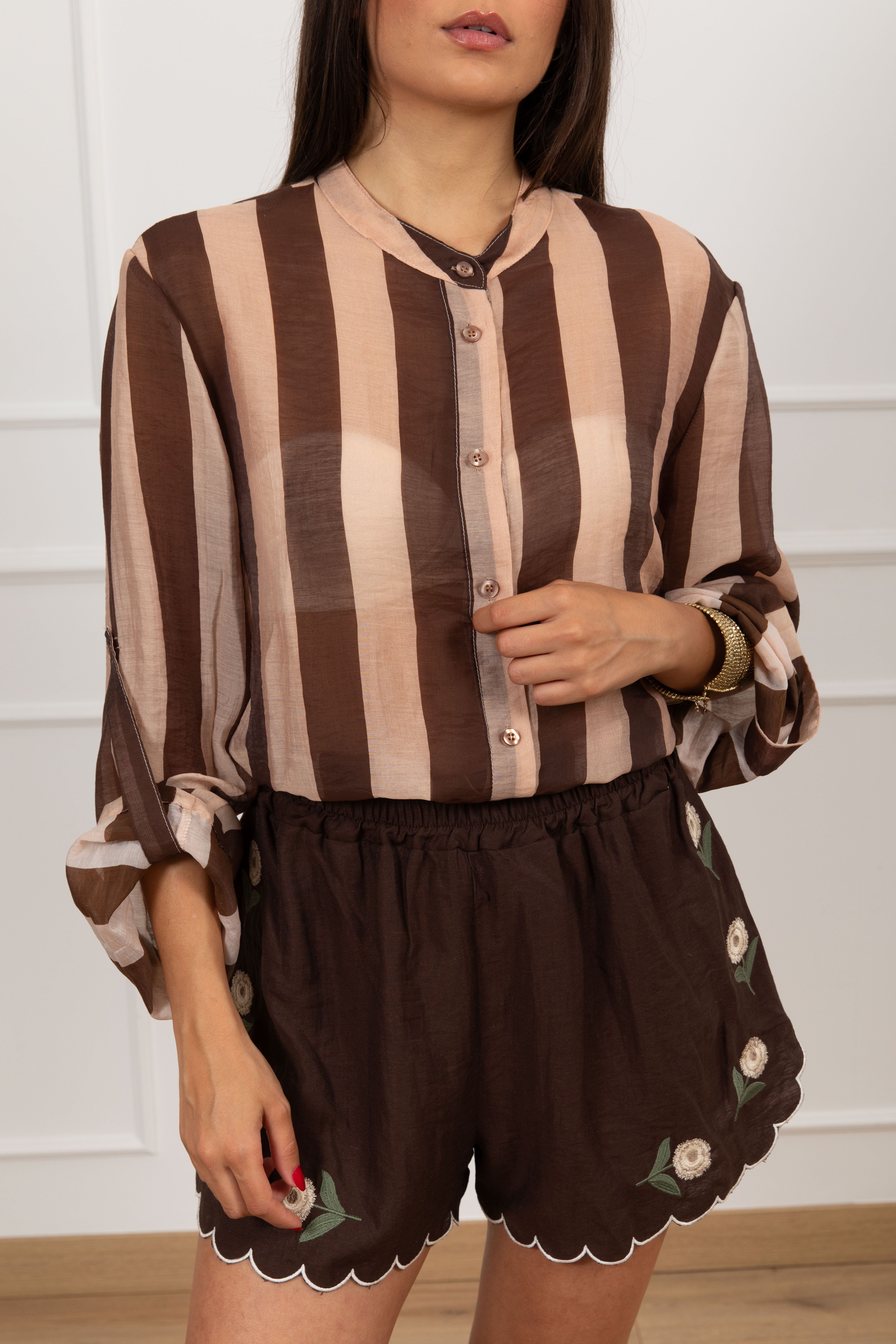 Camicia a righe con collo alla coreana Haveone