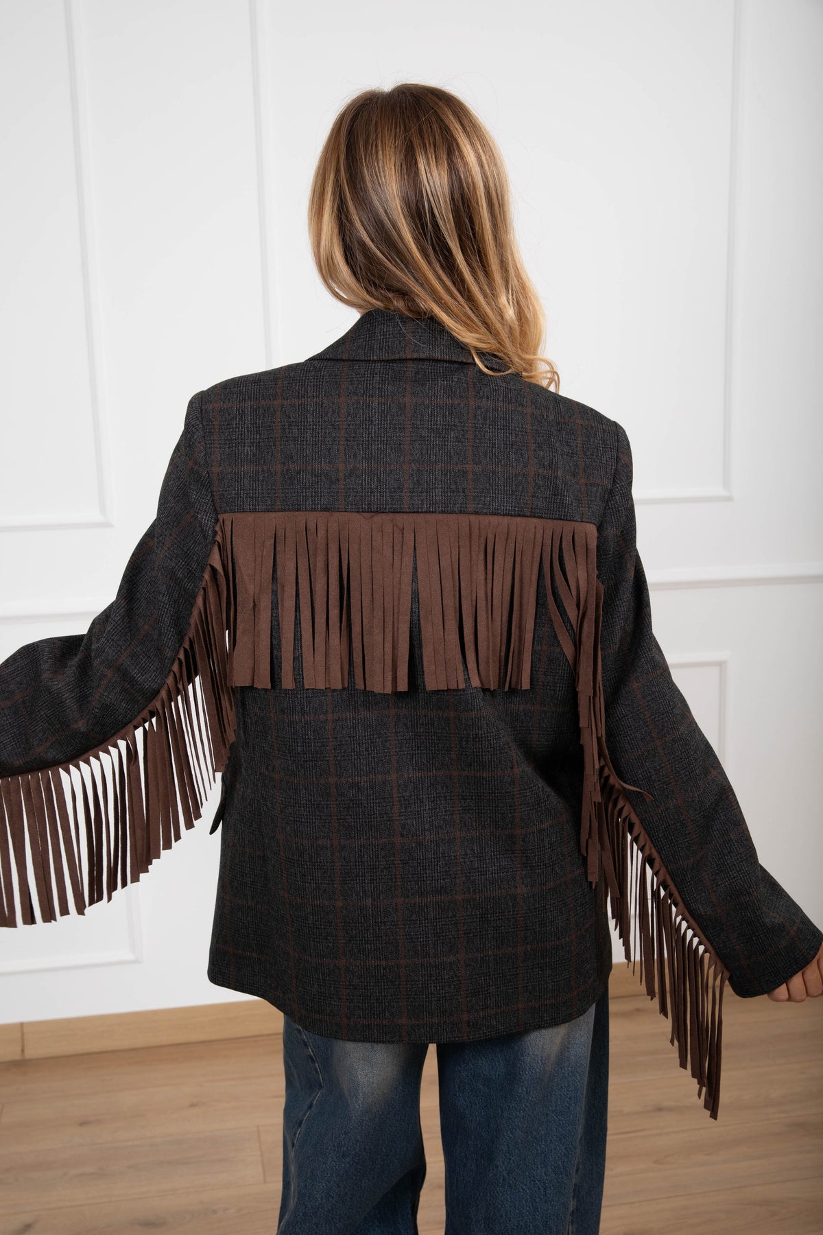Giacca check con frange in eco-camoscio ViCOLO