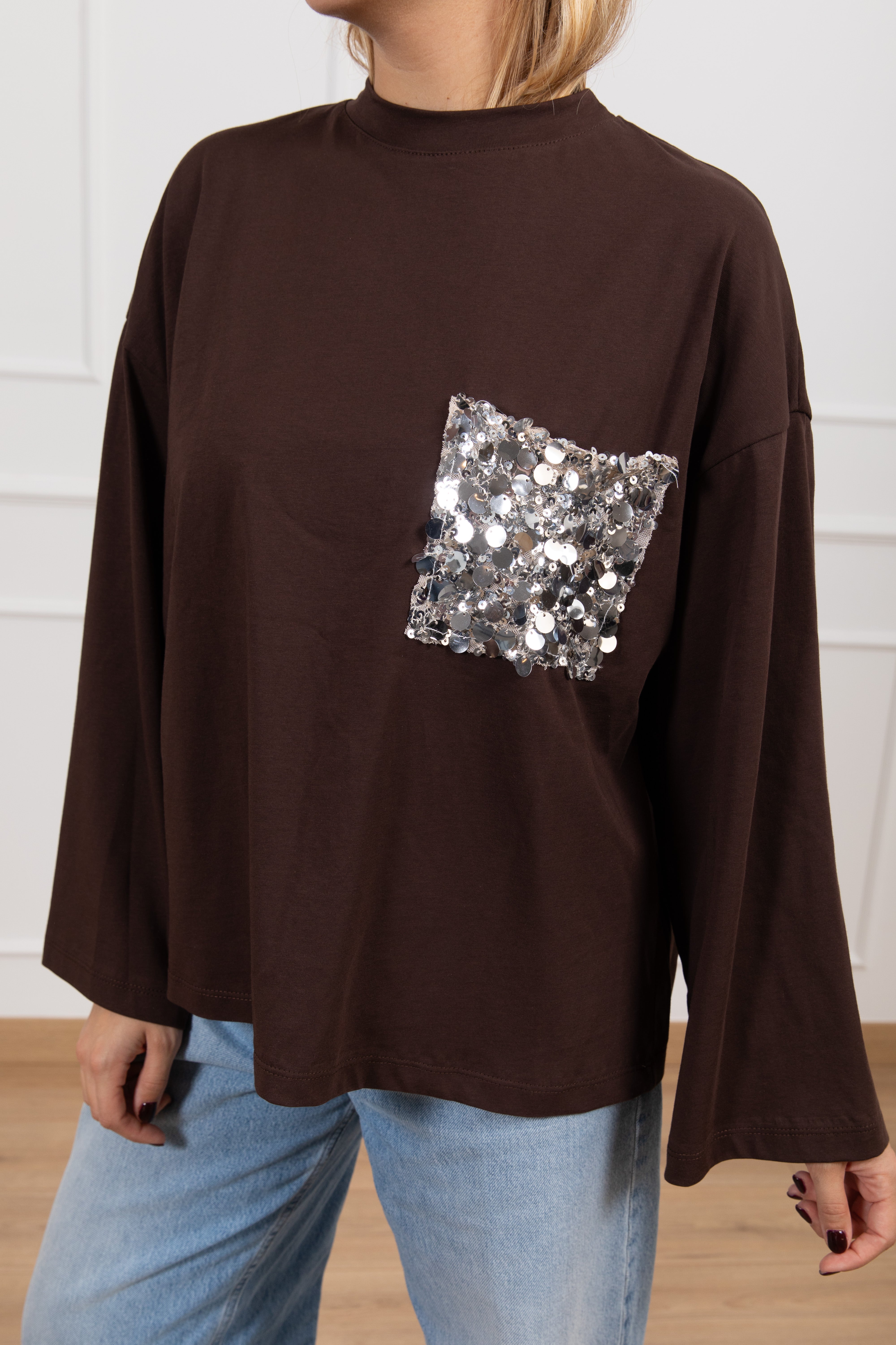 T-shirt manica lunga con tasca paillettes Tensione IN