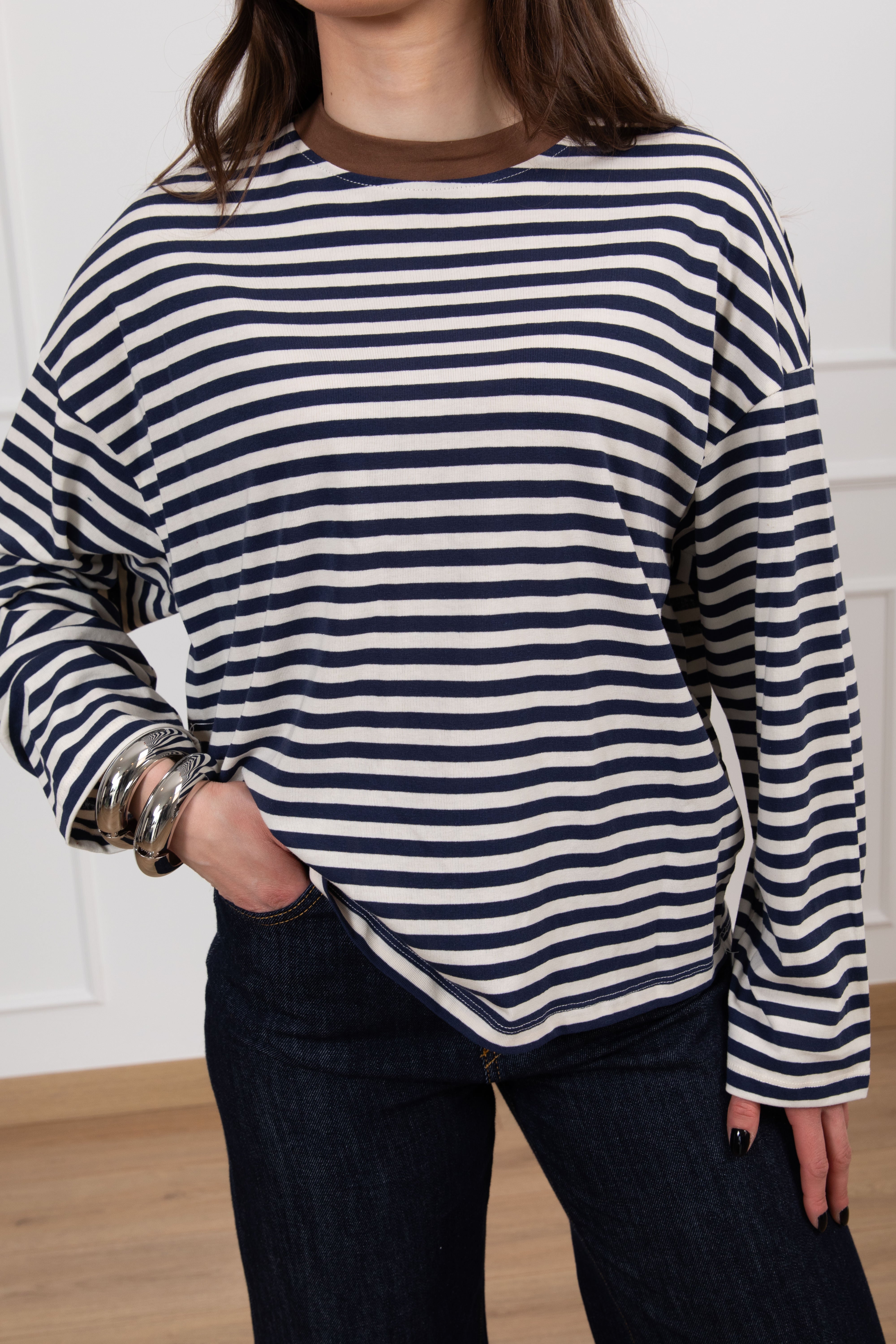 Maglietta A Righe Rosse E Bianche Donna Y2K - Maniche Lunghe, Scollo A V, Taglio Oversize In Mussola