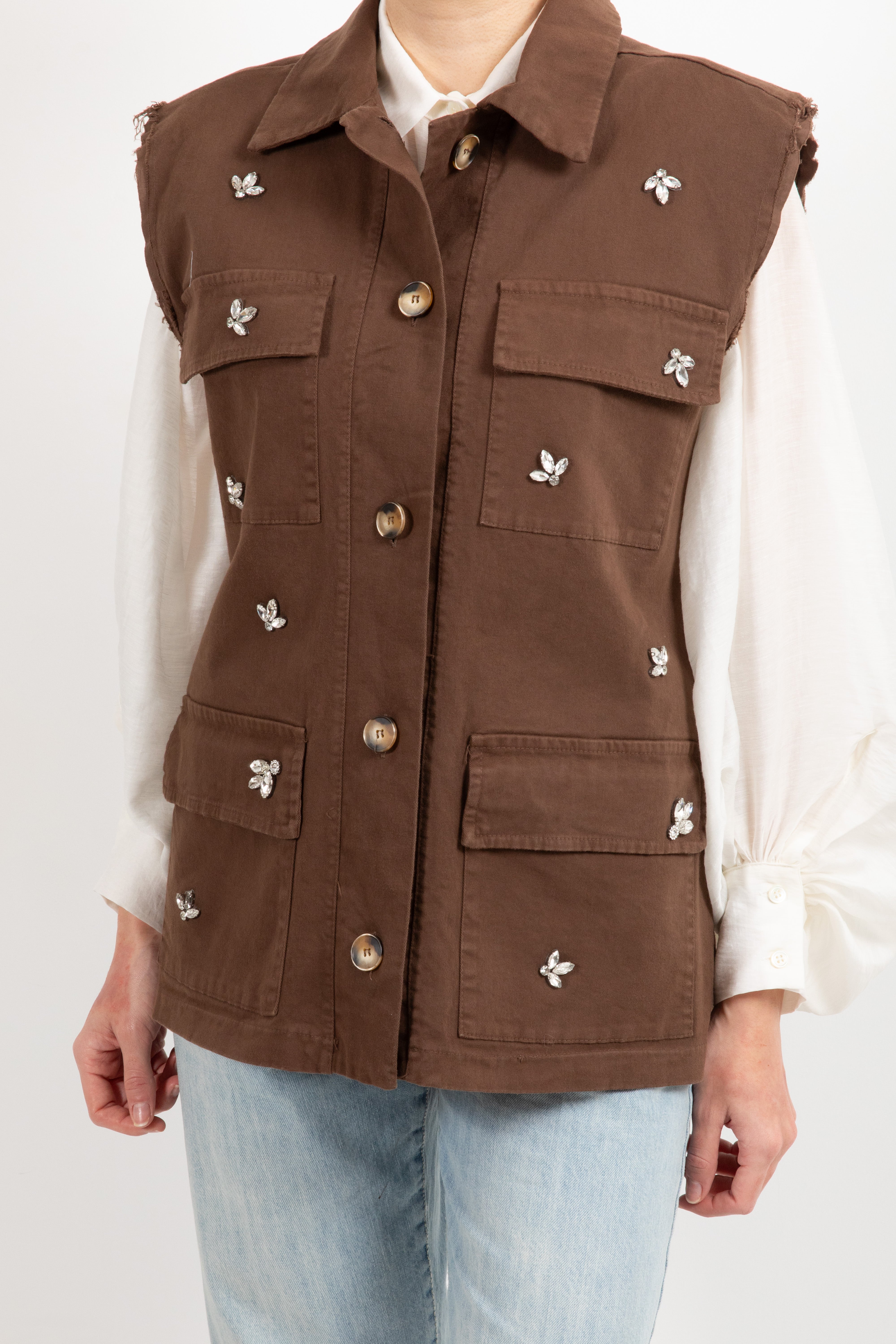 Maxi gilet in gabardina con pietre Susy Mix