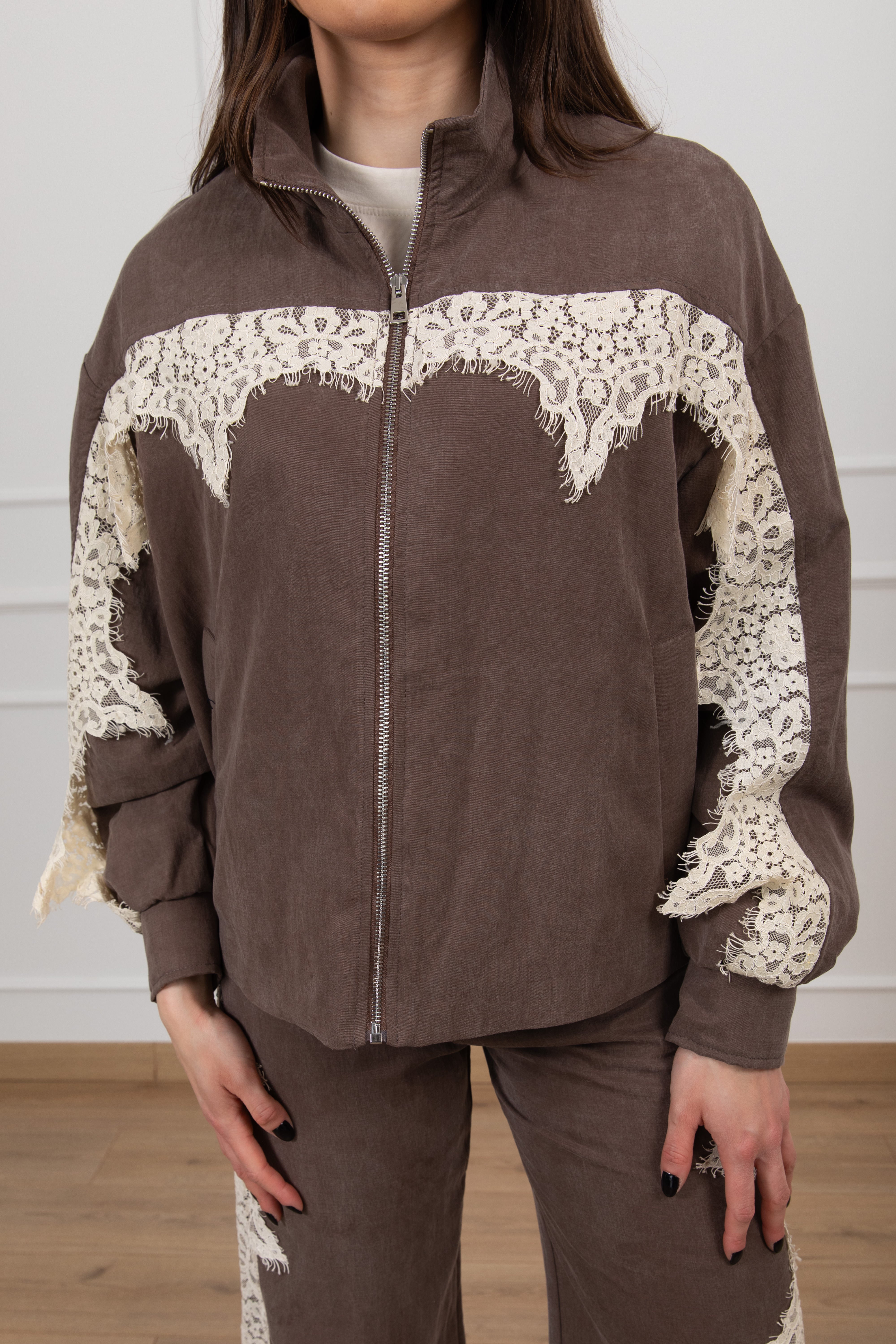 Bomber in cupro con inserti in pizzo Tensione IN