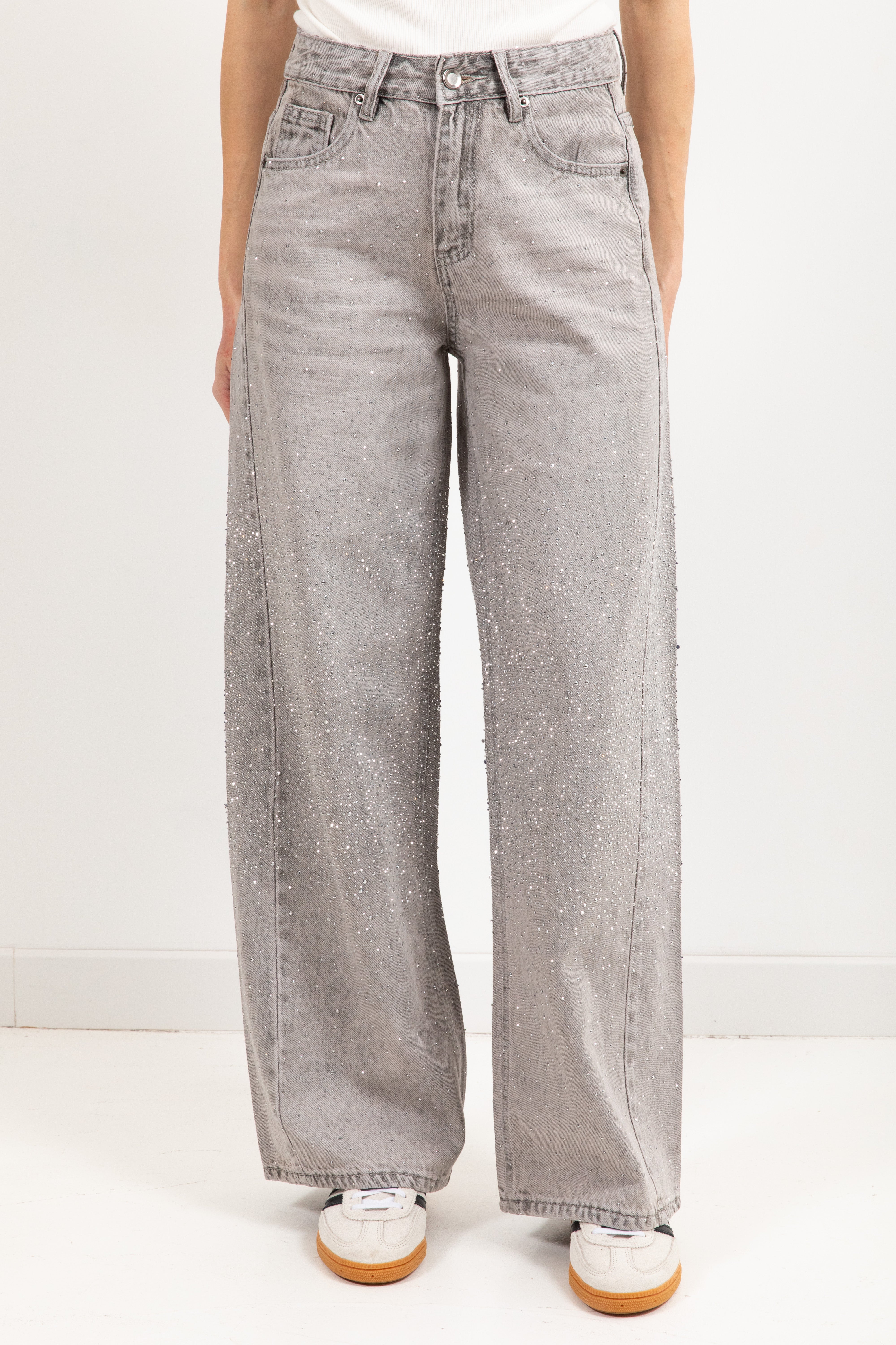 Jeans grigio gamba dritta con strass Susy Mix
