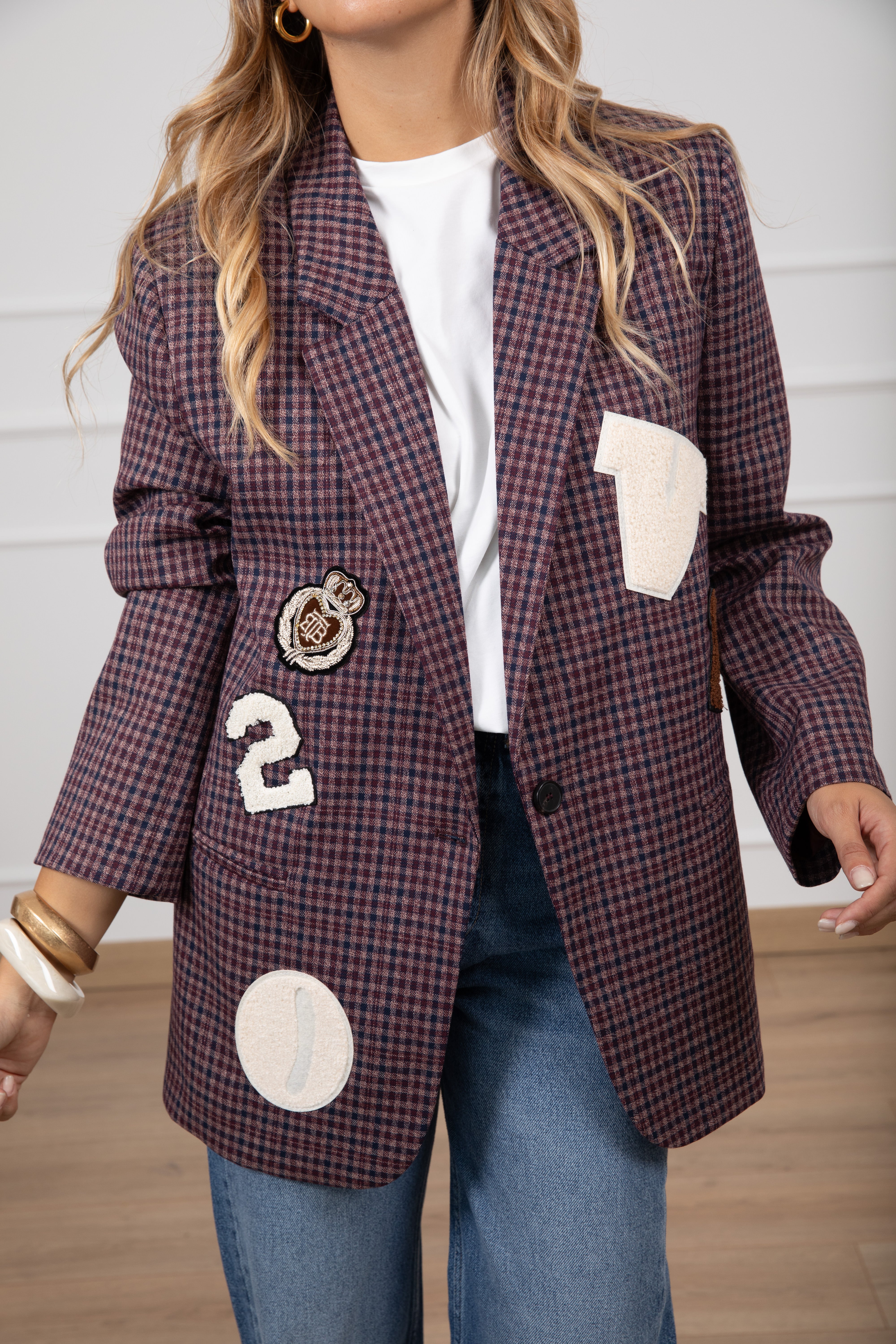 Giacca check bordeaux con patch ViCOLO