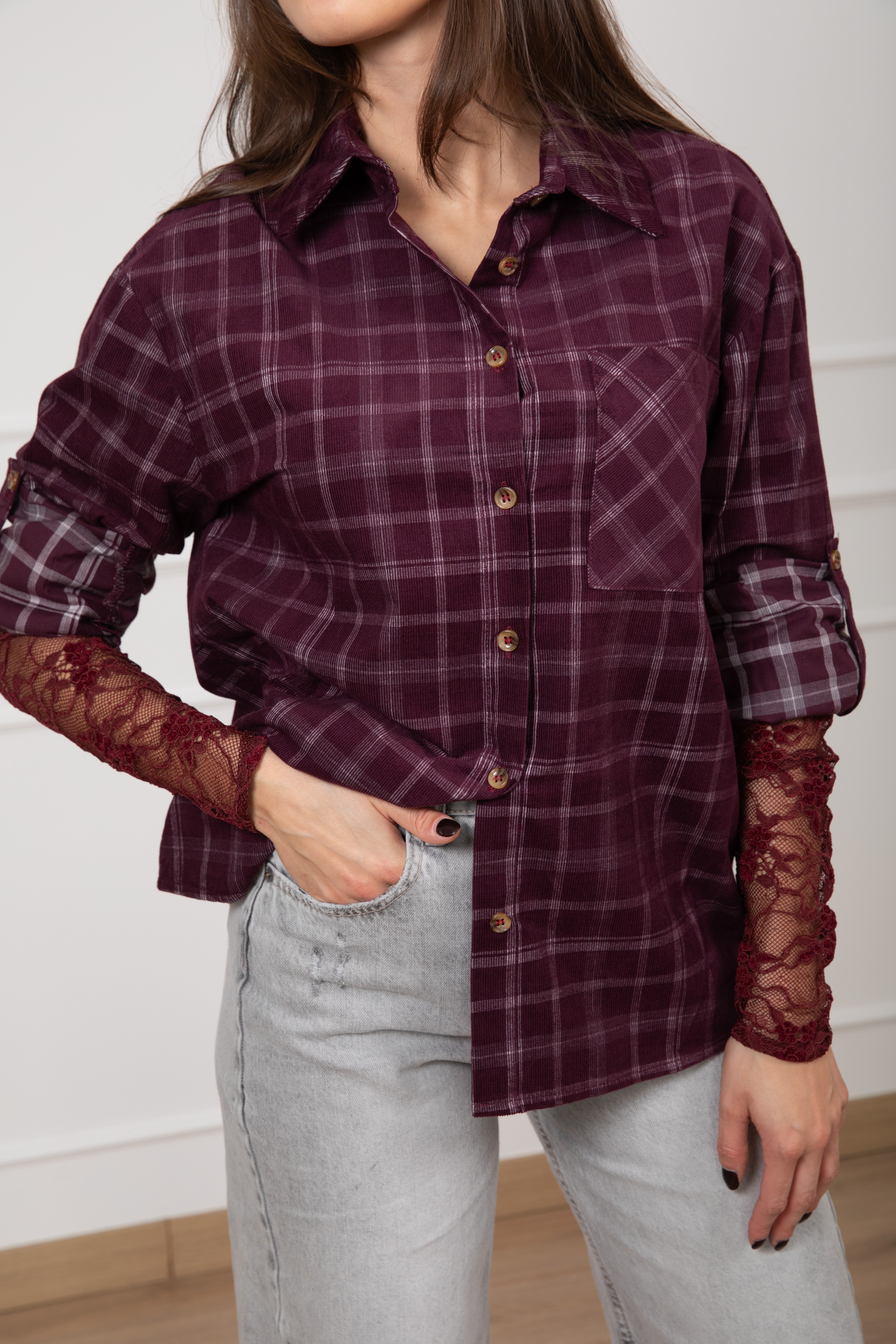 Camicia check in velluto millerighe con manica in pizzo ViCOLO