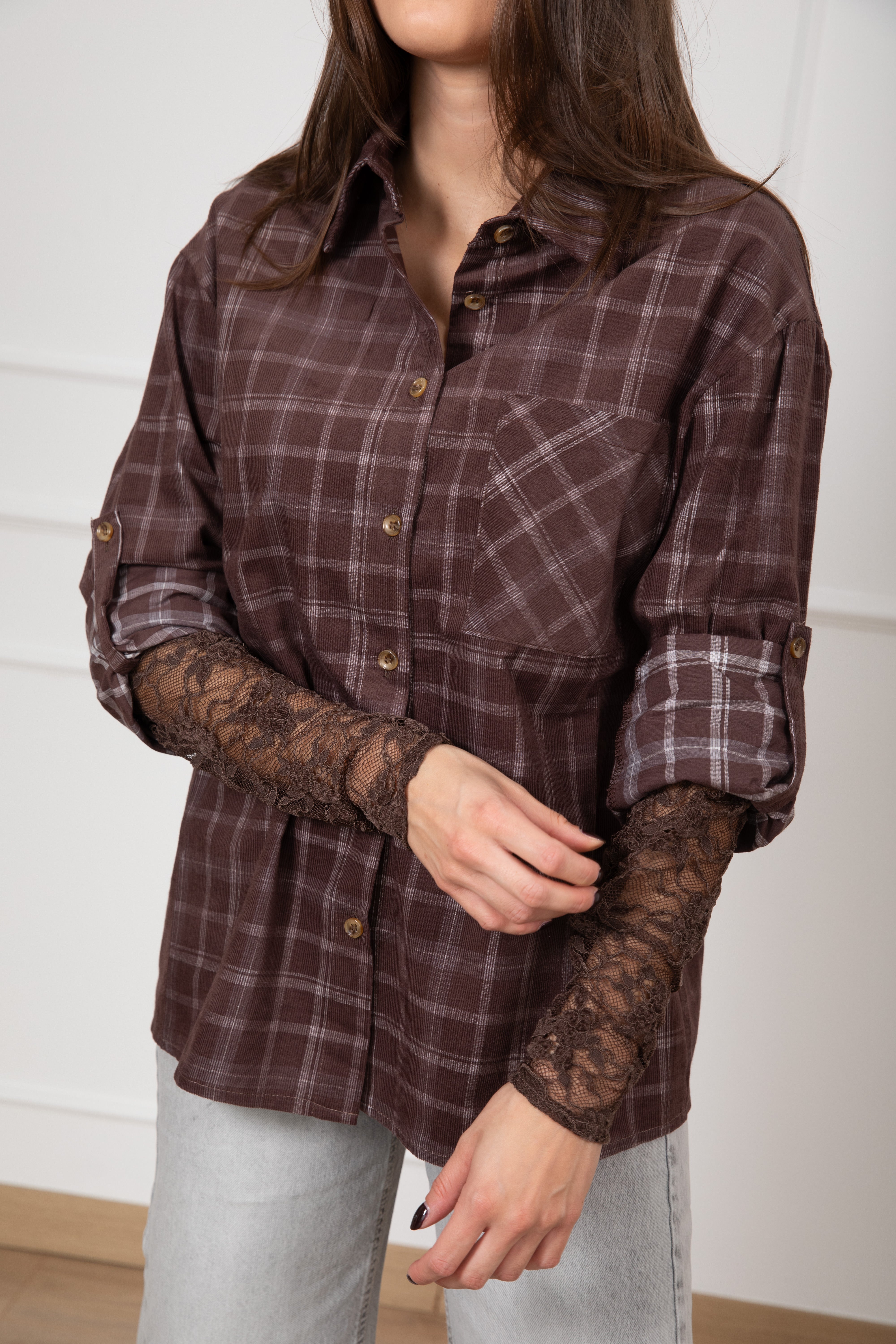 Camicia check in velluto millerighe con manica in pizzo ViCOLO