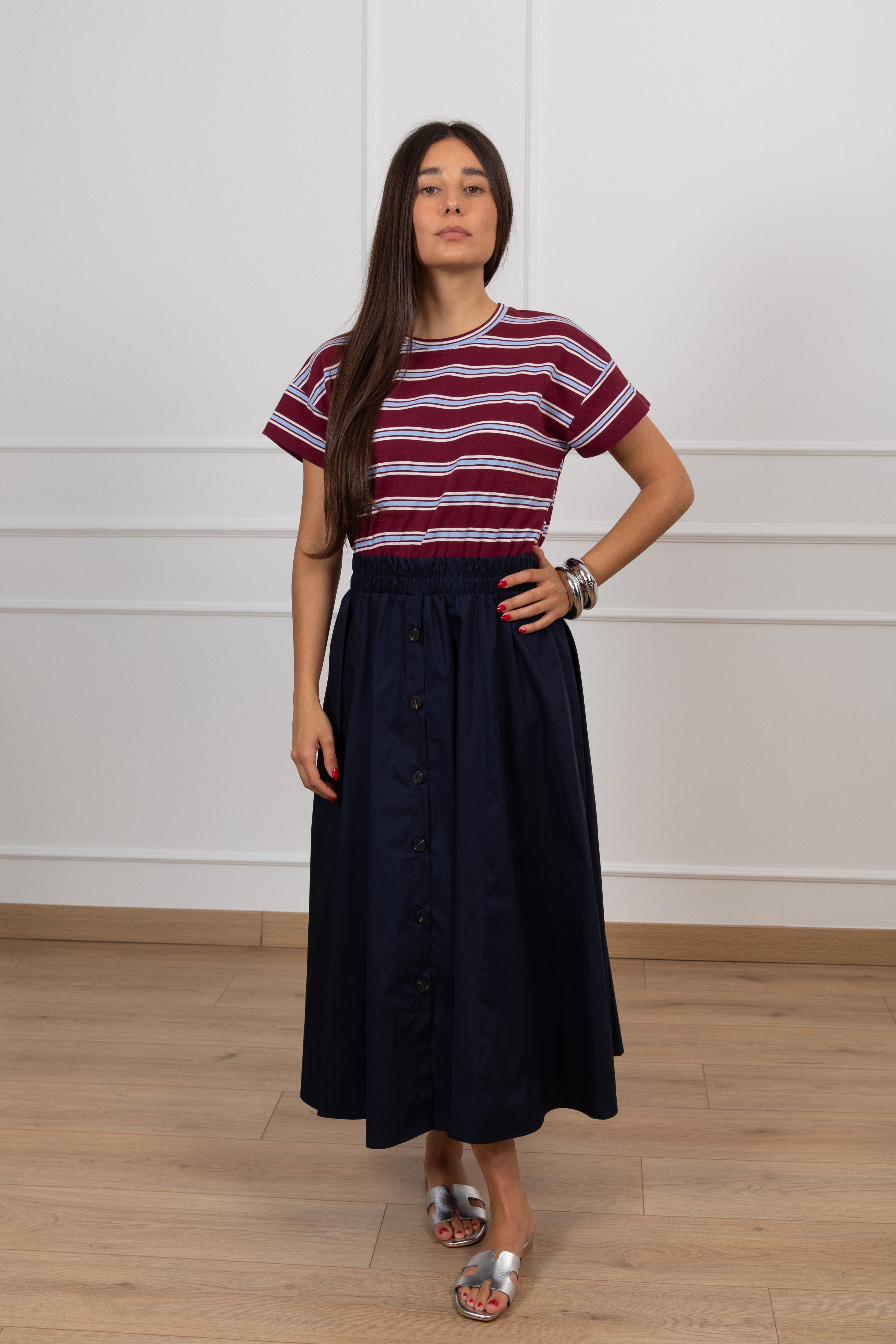 Abito bi-materico con t-shirt riga stretta e gonna bottoni Tensione IN