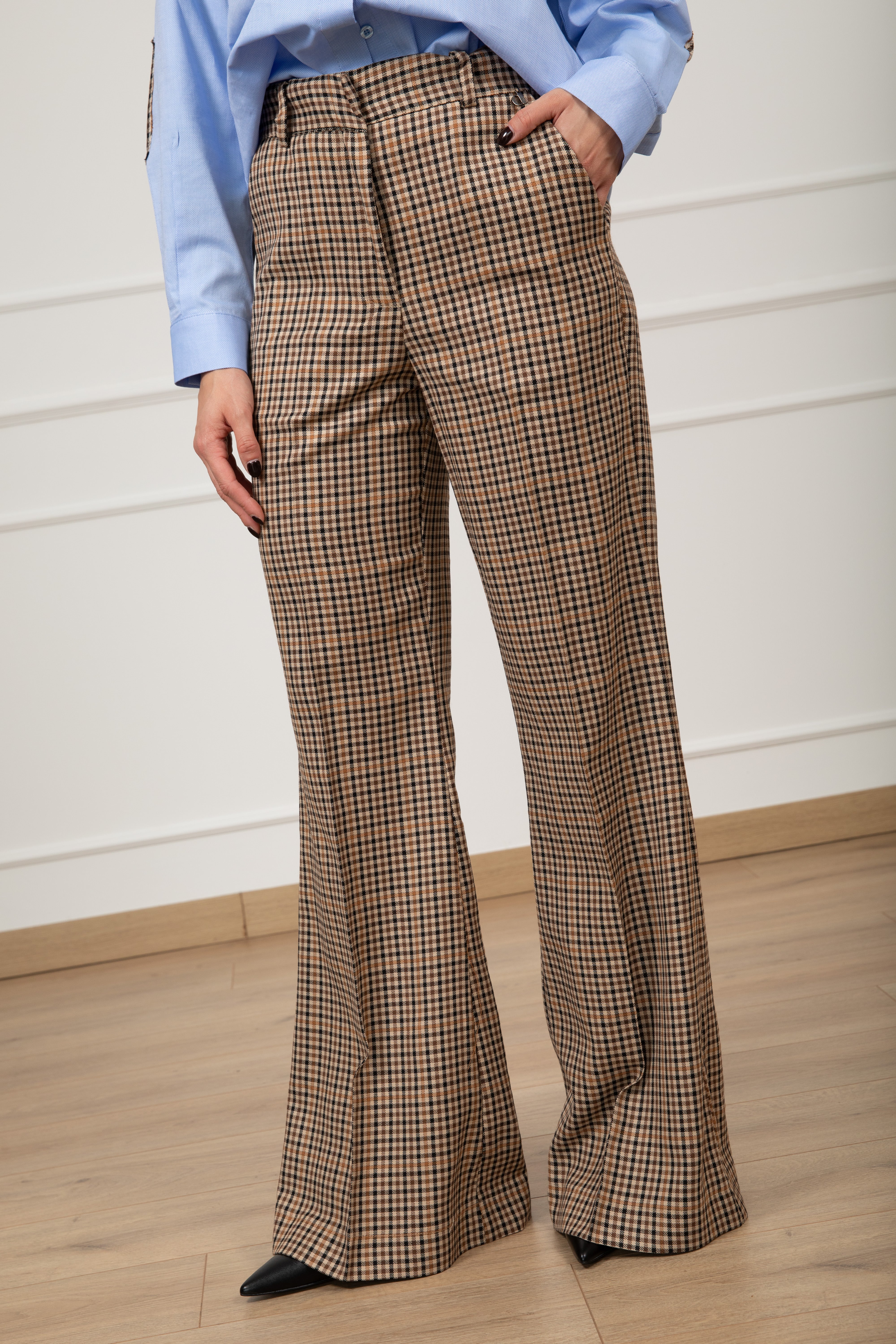 Pantalone gamba dritta pied de poule cammello Dixie