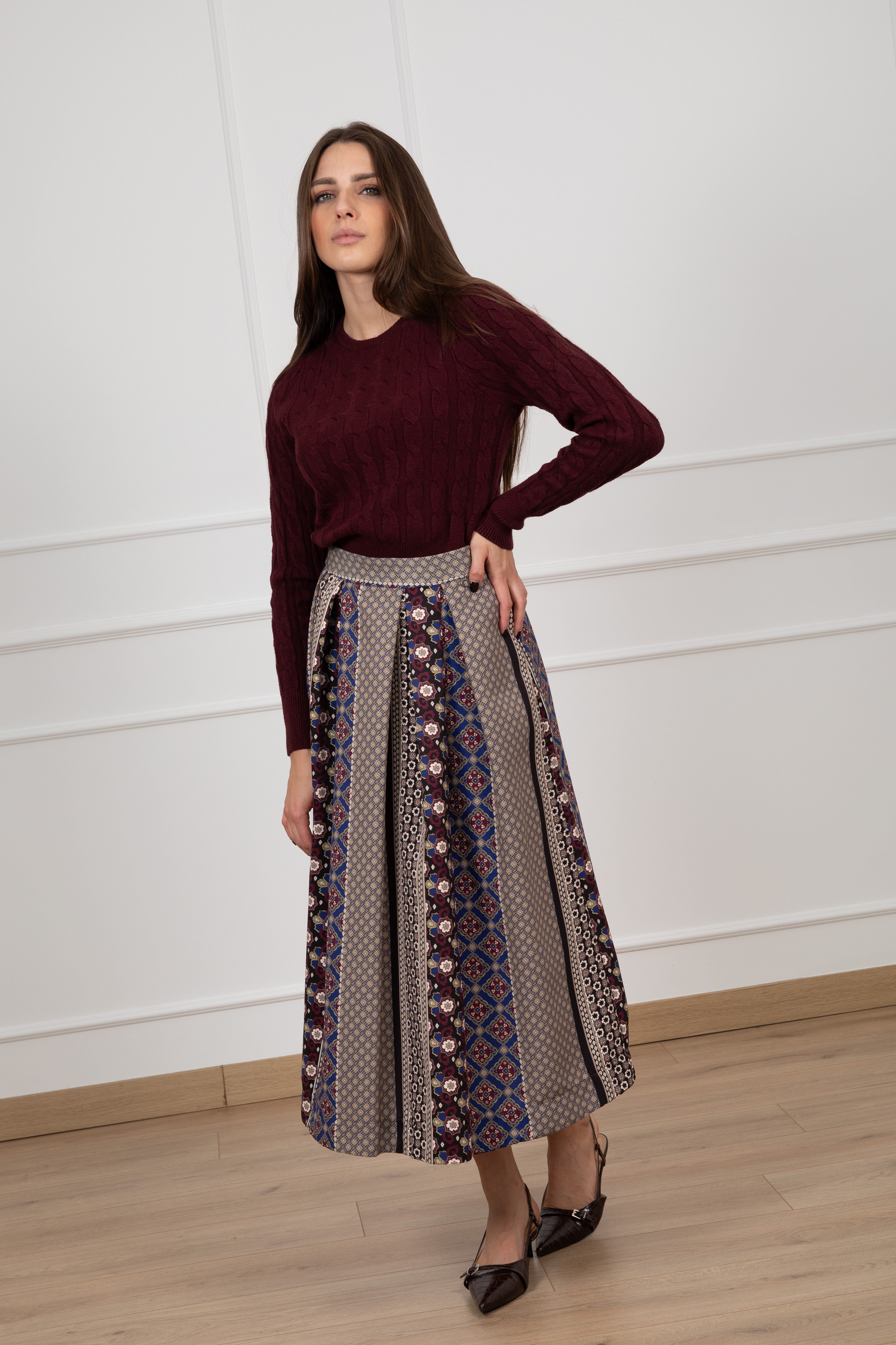 Gonna lunga a pieghe fantasia patchwork Dixie