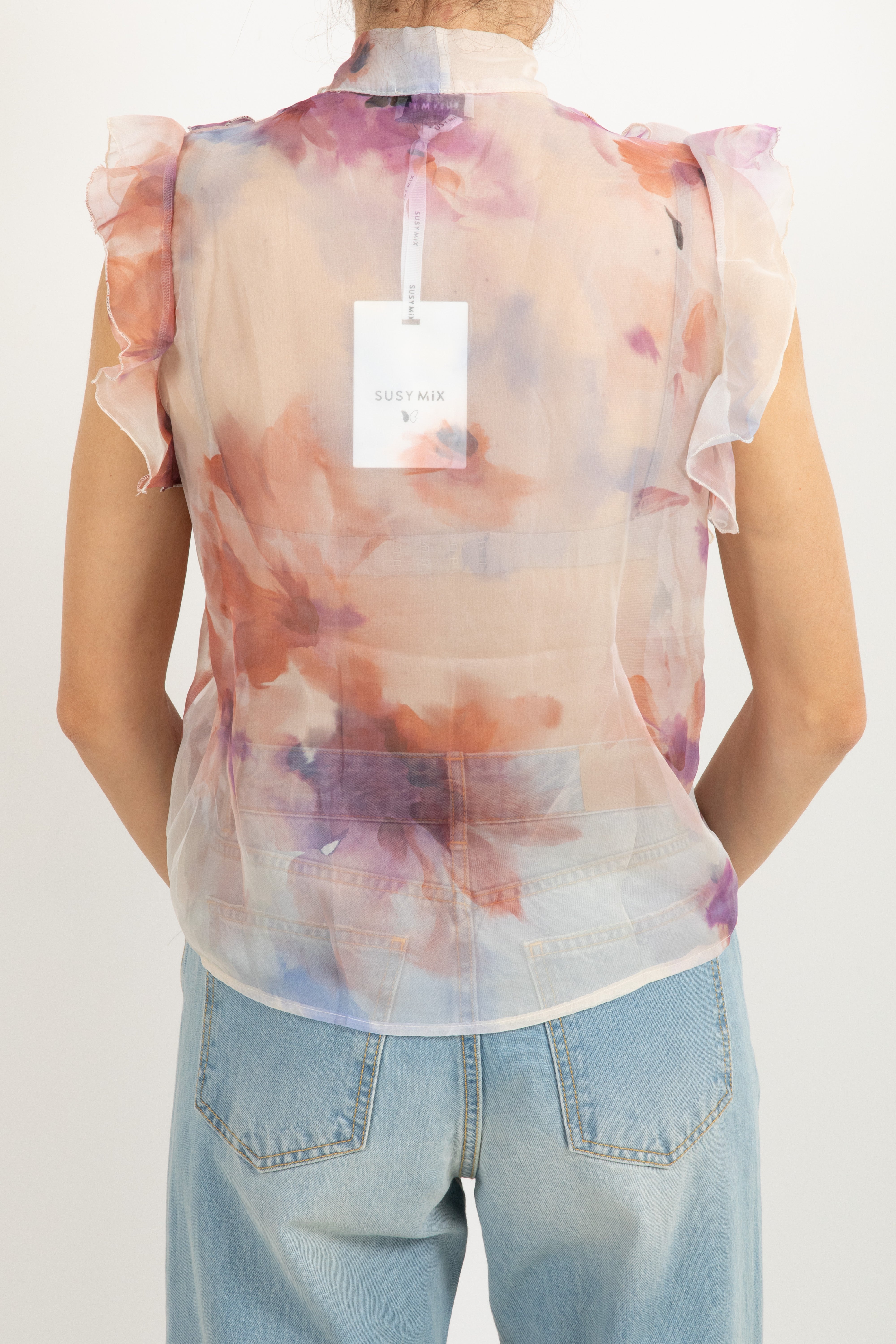 Blusa smanicata fantasia flowers con rouches e fiocco Susy Mix