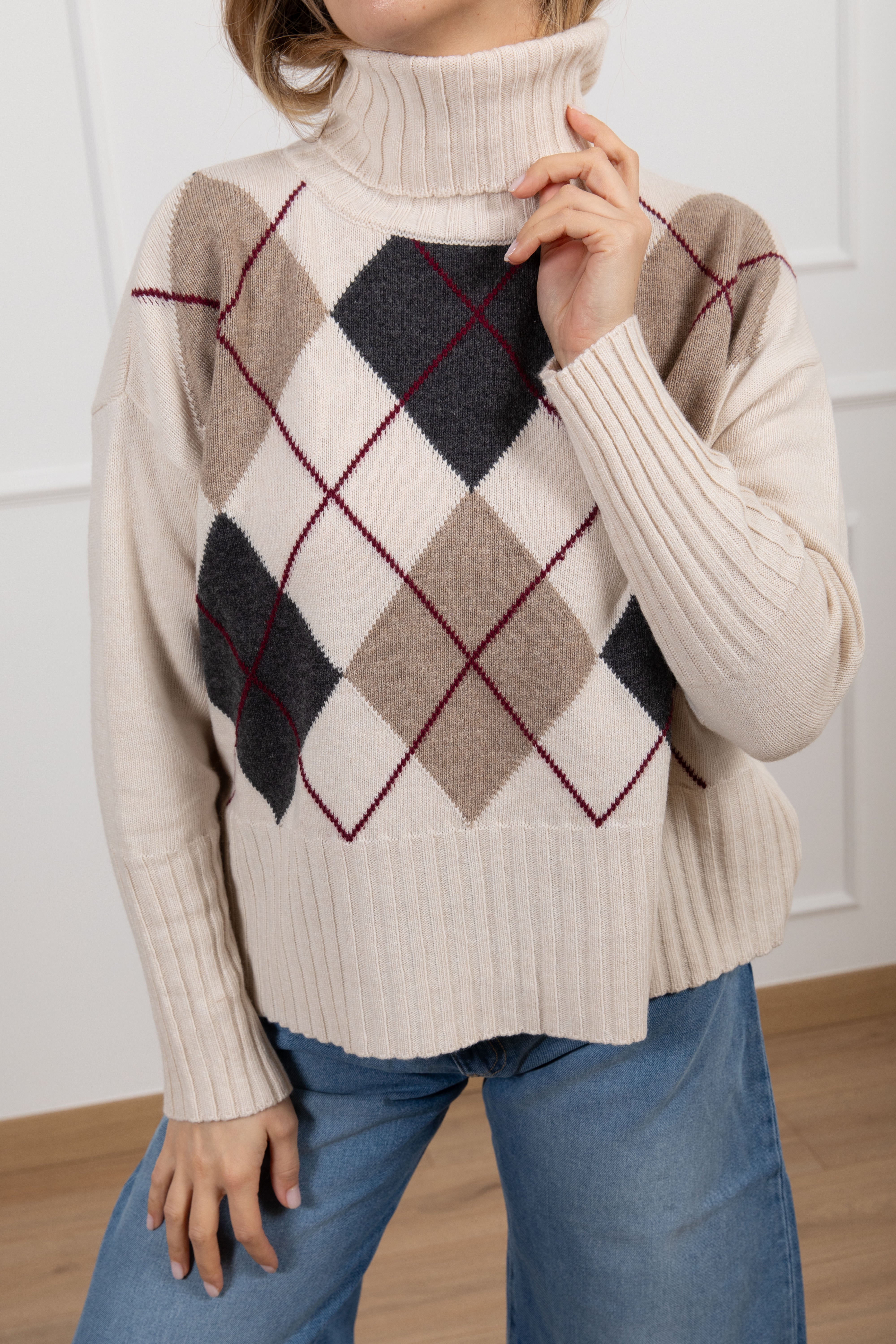 Pull collo alto a rombi in lana e cashmere Tensione IN