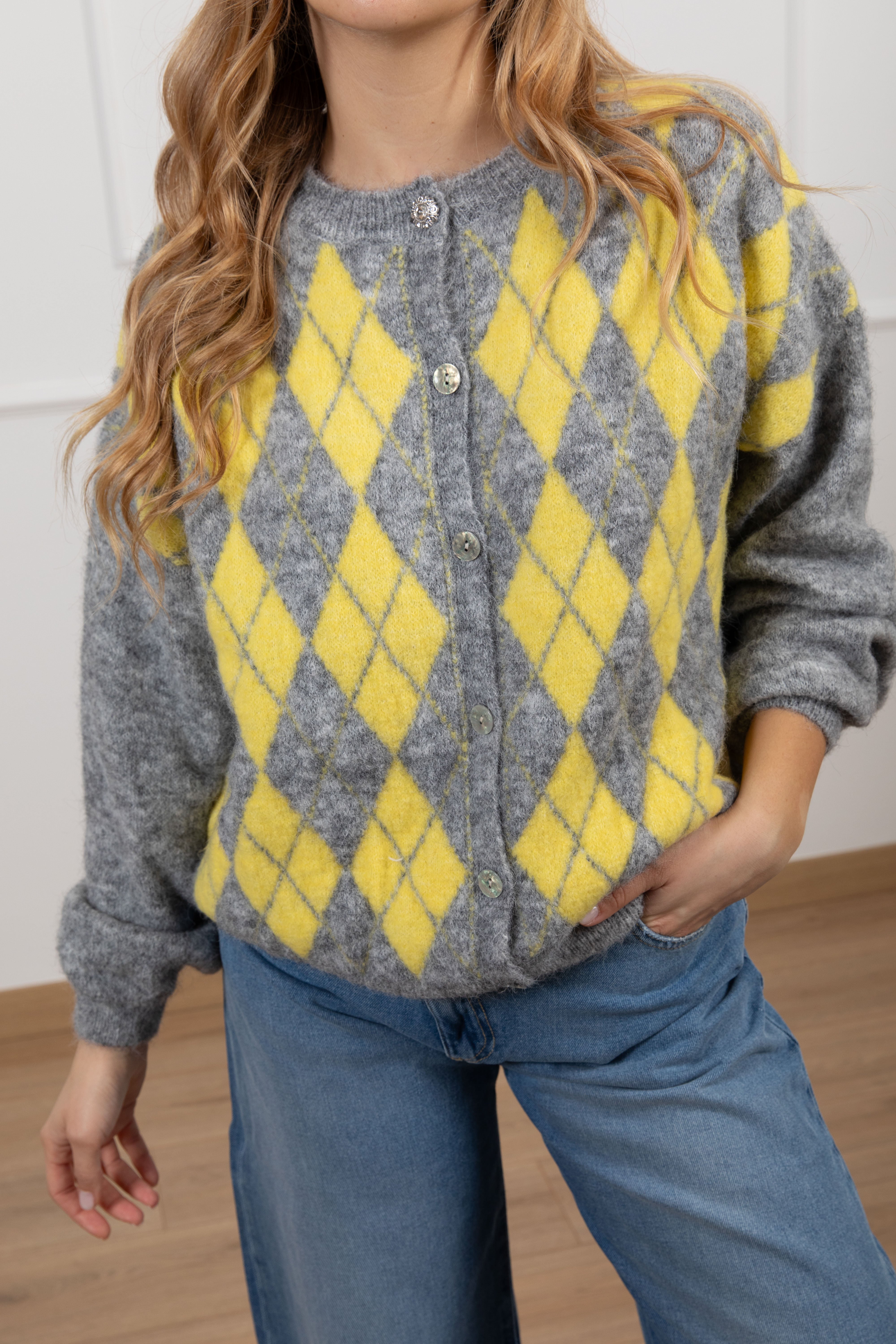 Cardigan a rombi con bottone gioiello Susy Mix