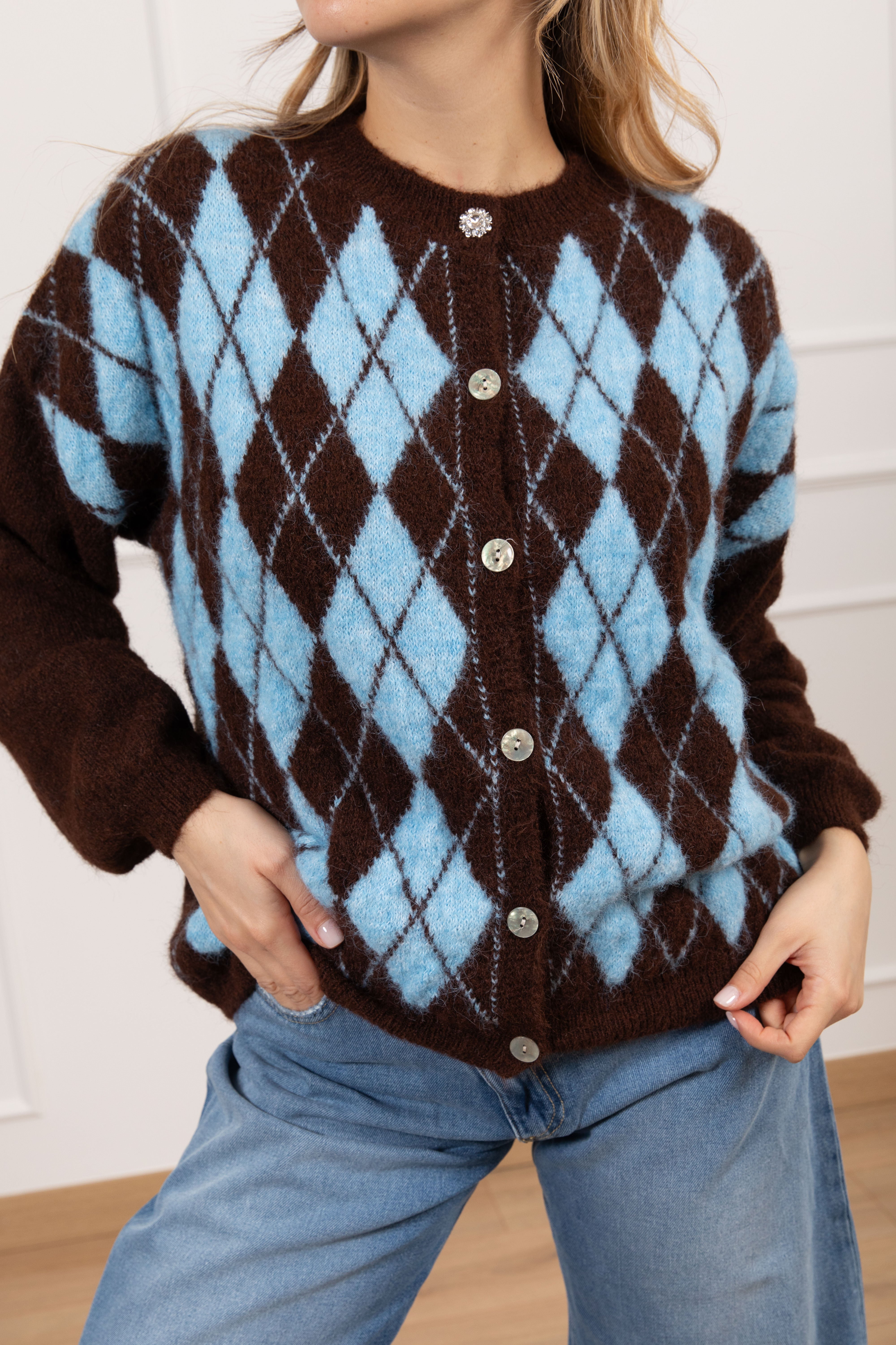 Cardigan a rombi con bottone gioiello Susy Mix