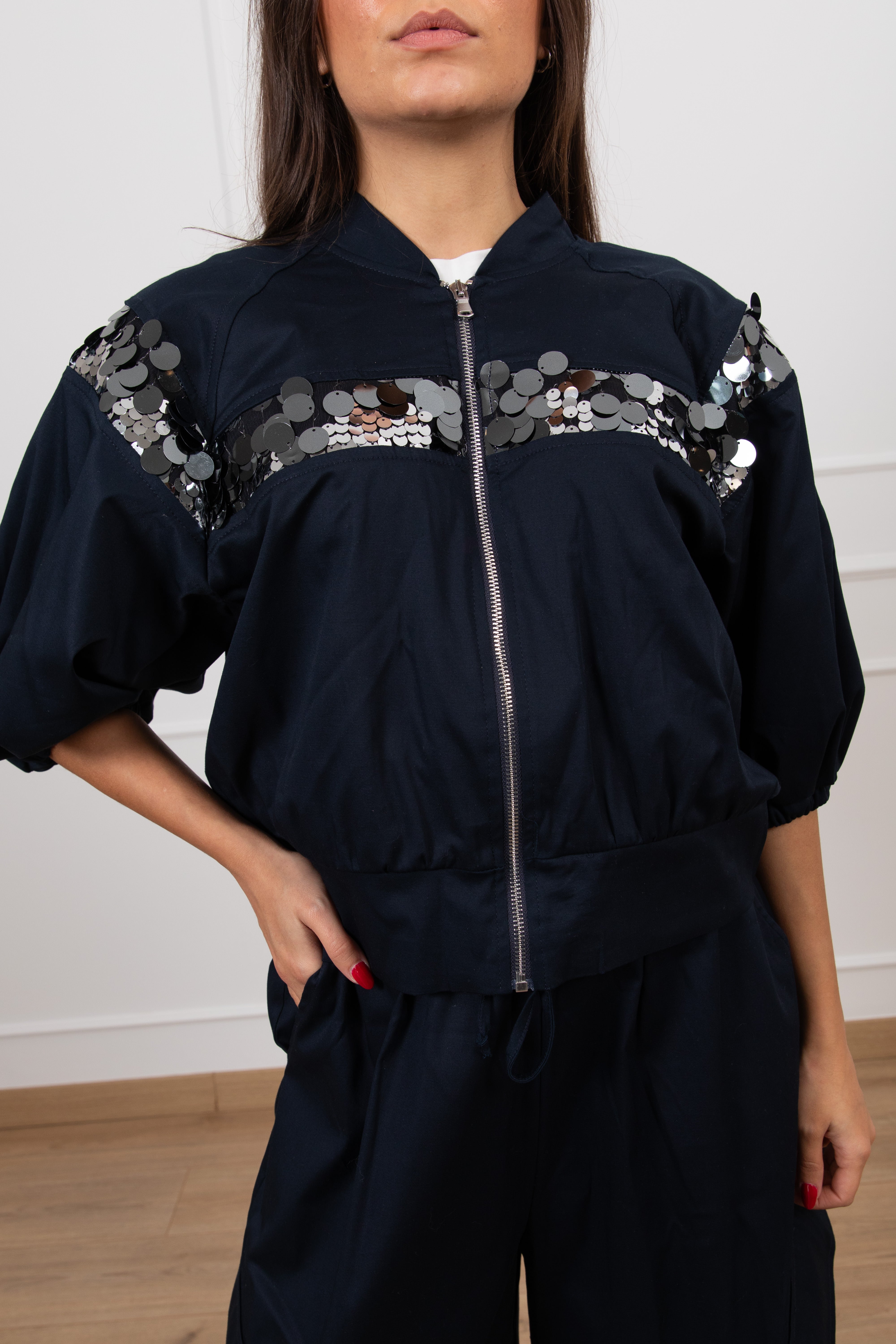 Bomber in cotone con banda paillettes Motel
