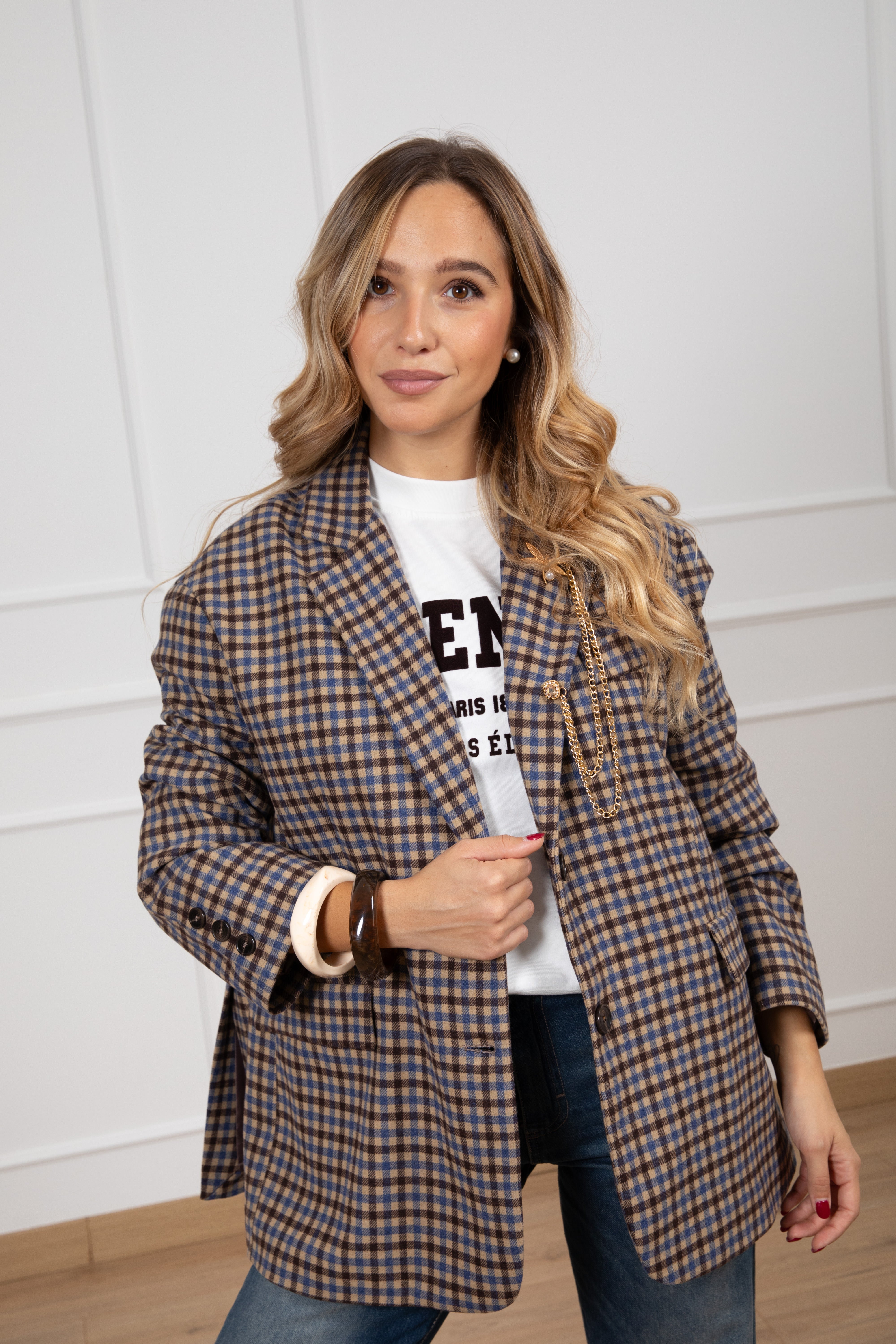 Giacca over-size micro-check cammello Tensione IN