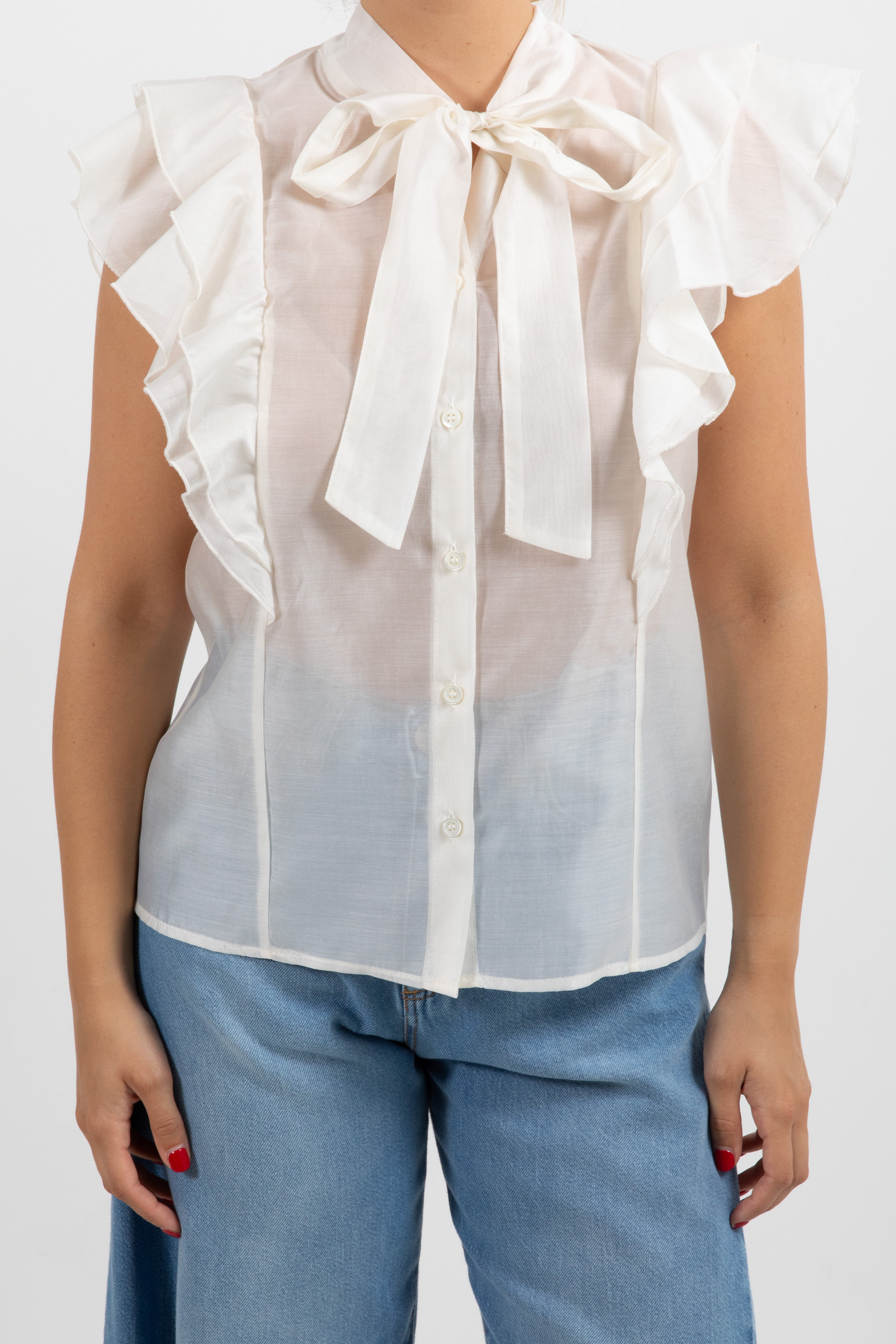 Camicia smanicata con rouches e fiocco ViCOLO