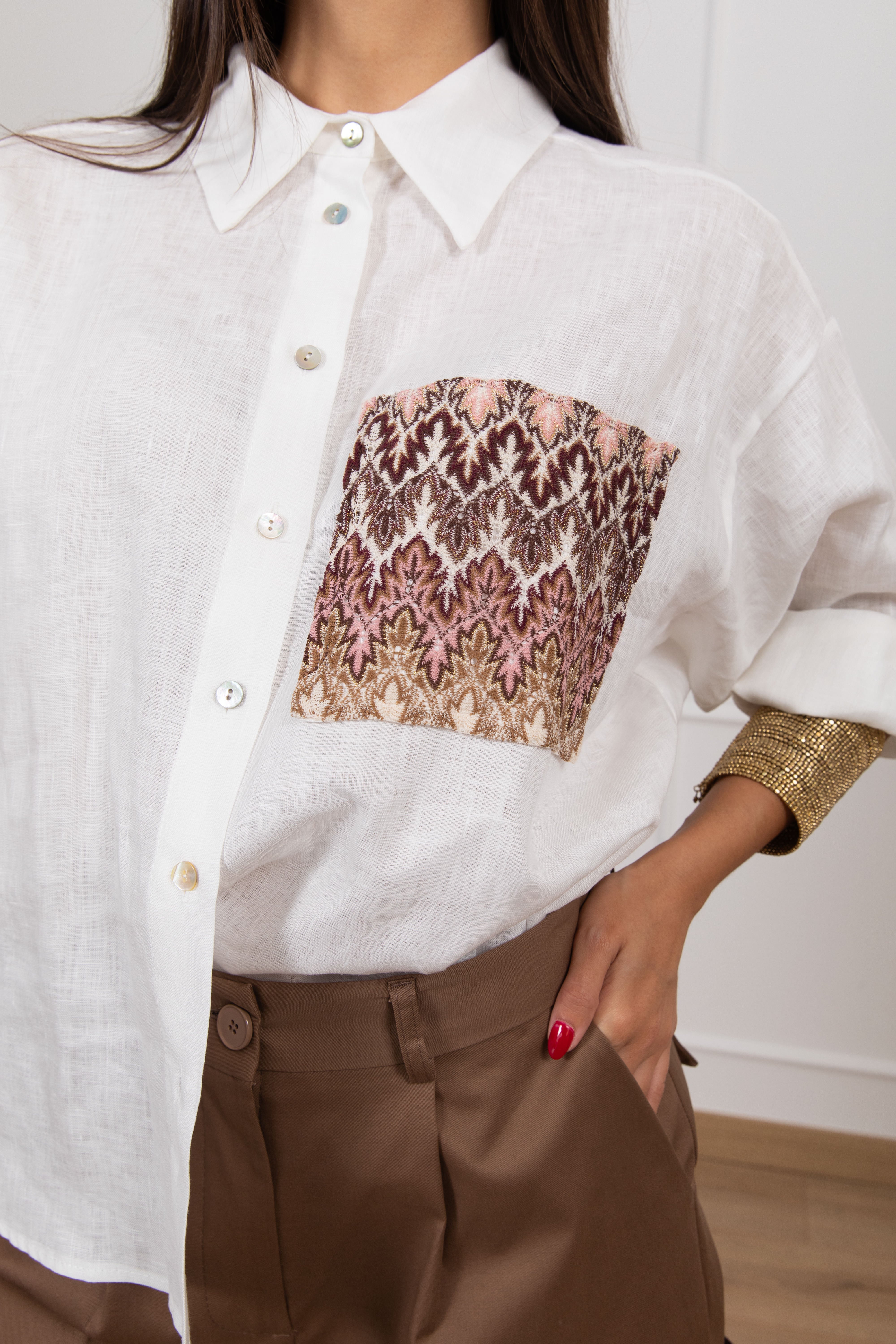 Camicia in lino con tasca fantasia zig-zag Tensione IN