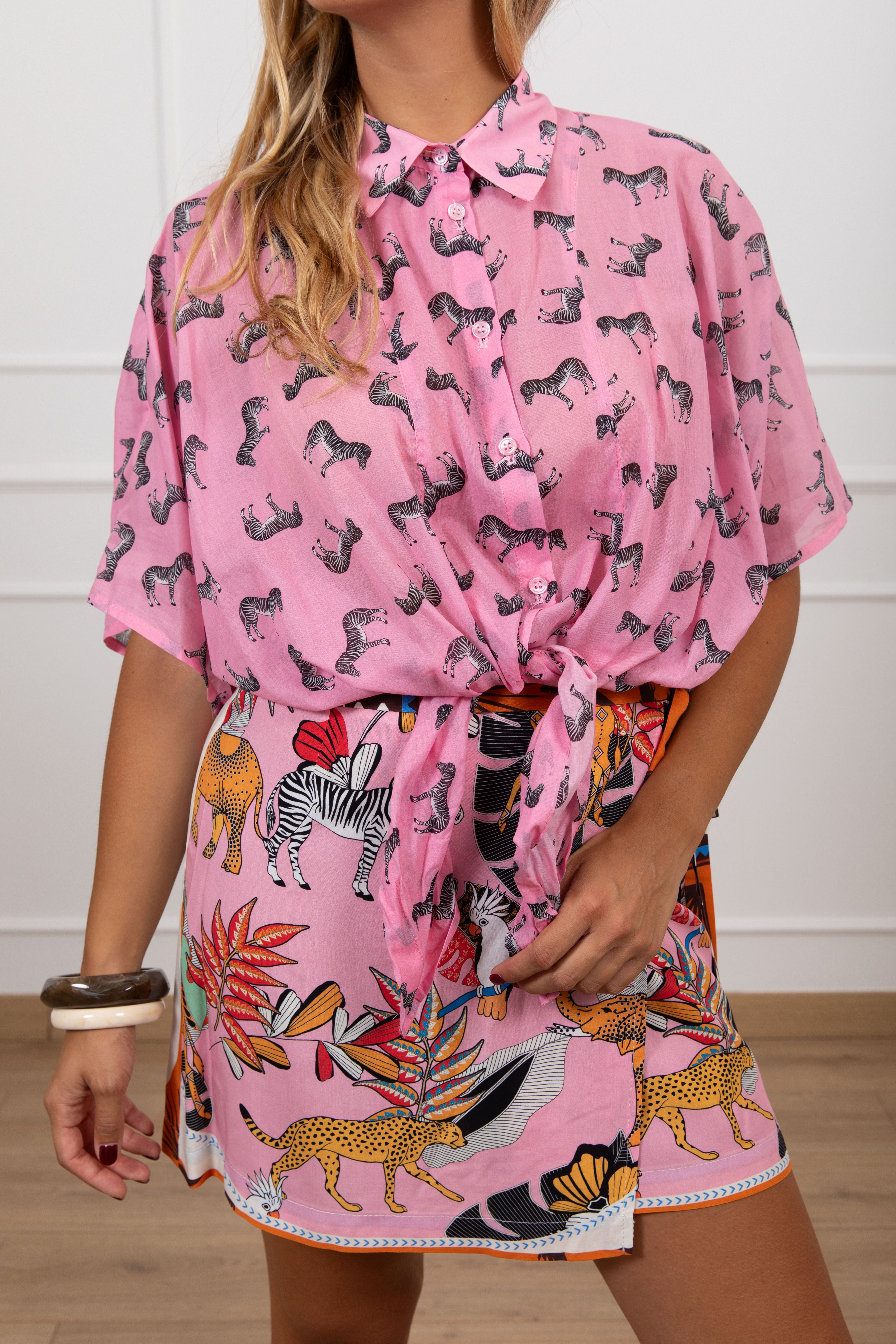 Coordinato camicia e gonna corta pareo fantasia zebre ViCOLO
