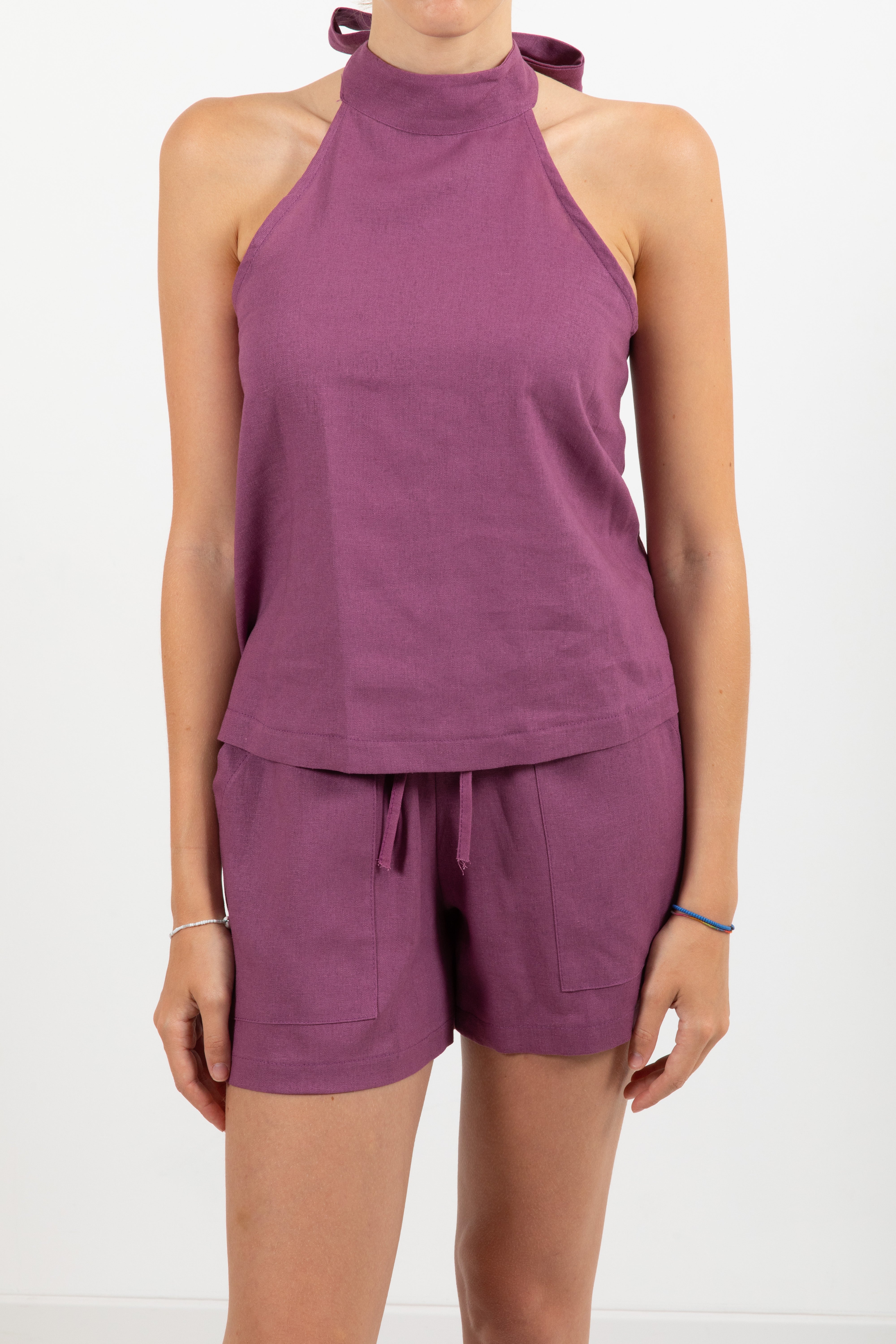 Coordinato top schiena scoperta e shorts in lino e viscosa ViCOLO