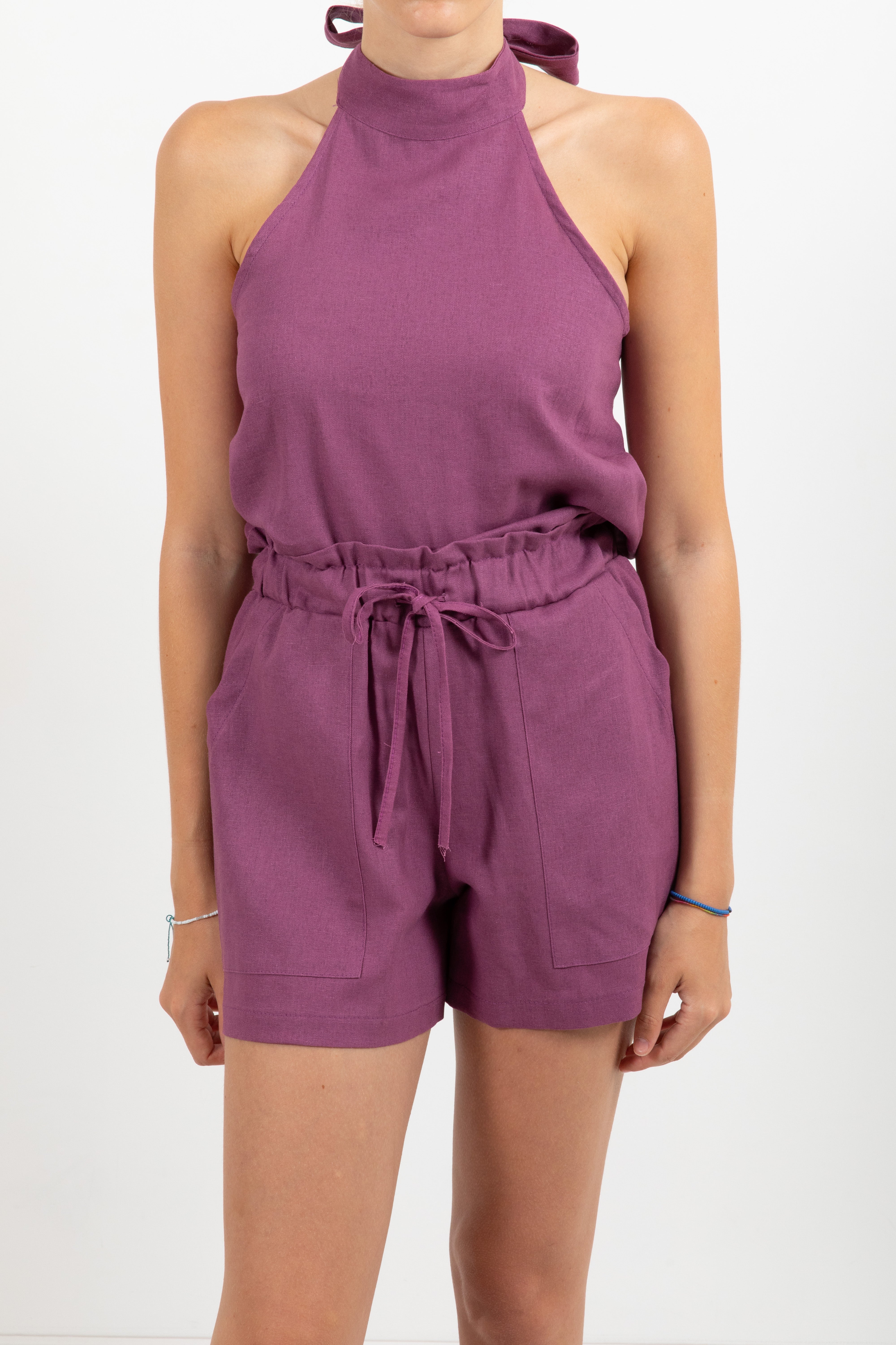 Coordinato top schiena scoperta e shorts in lino e viscosa ViCOLO