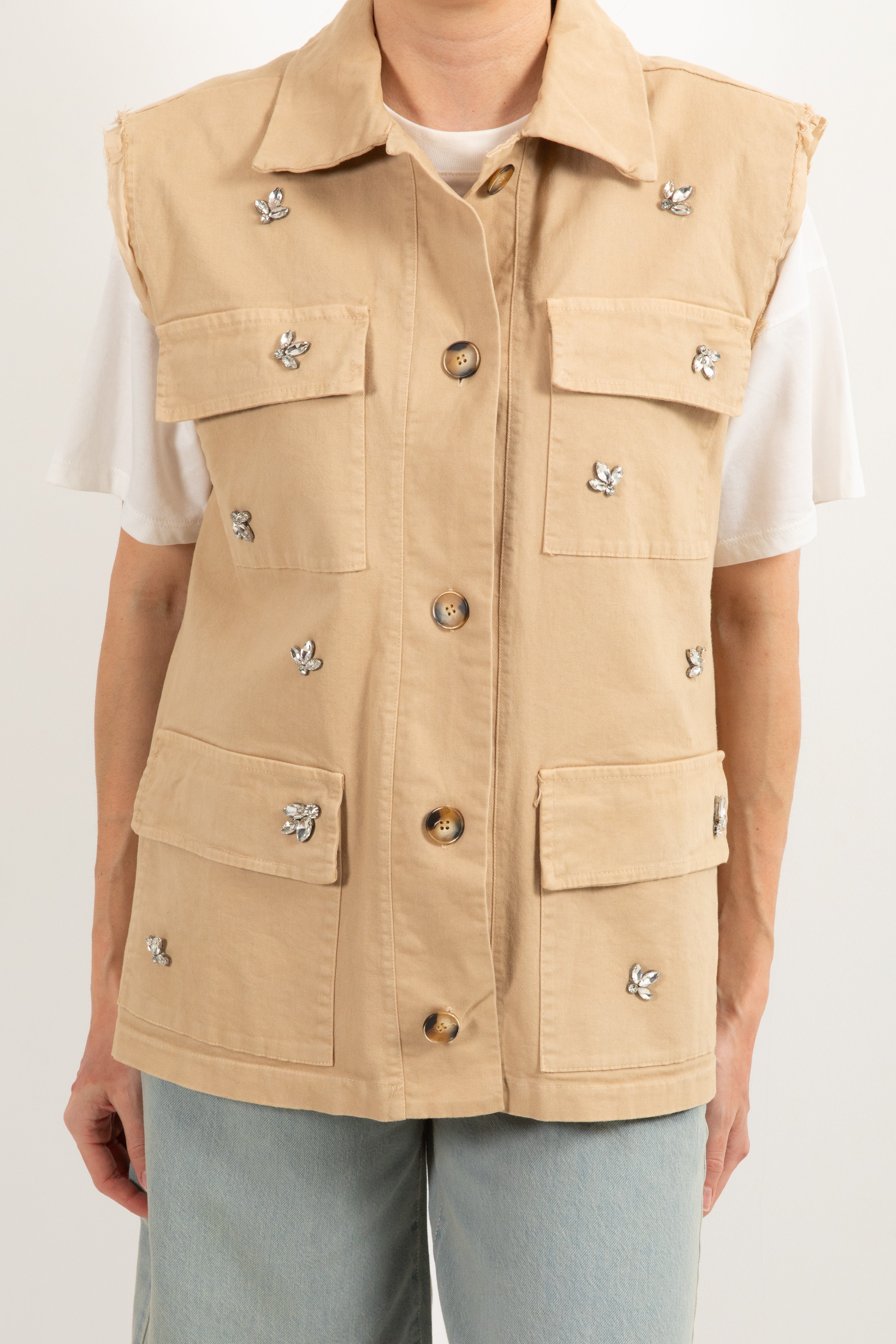 Maxi gilet in gabardina con pietre Susy Mix