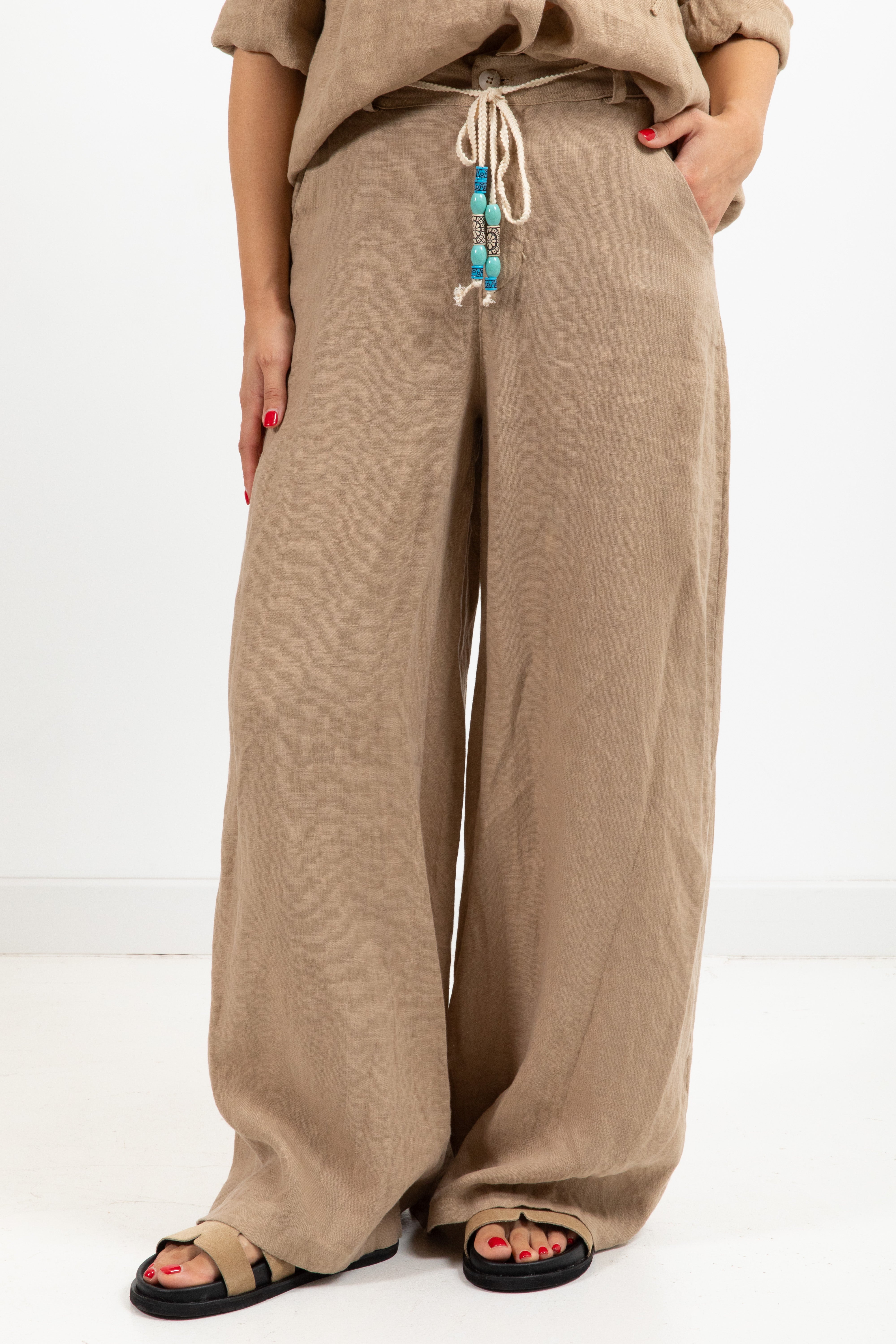 Pantalone in lino con coulisse turchese ViCOLO