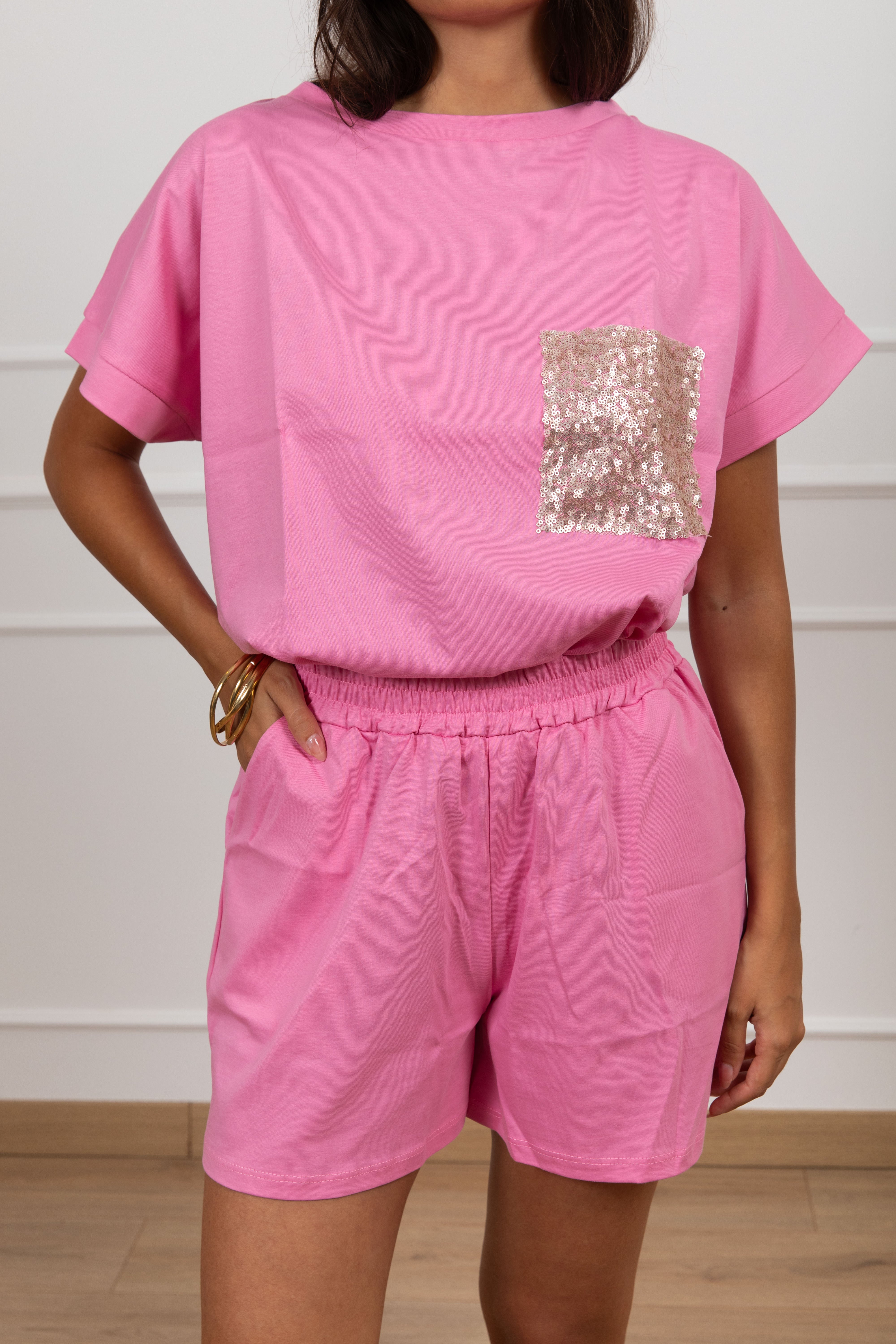 Coordinato t-shirt tasca paillettes e shorts con elastico Susy Mix