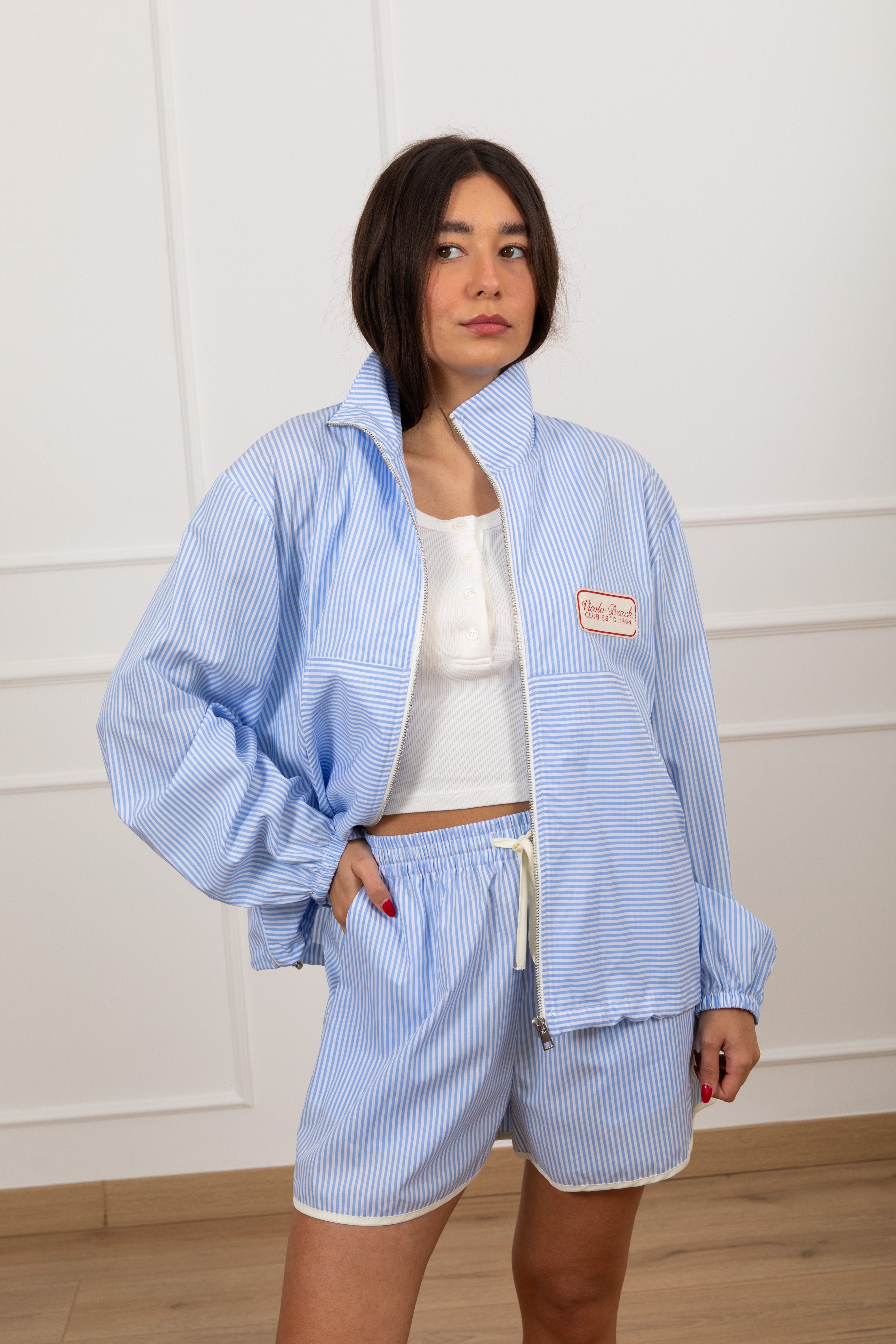 Bomber in cotone bacchettato azzurro ViCOLO