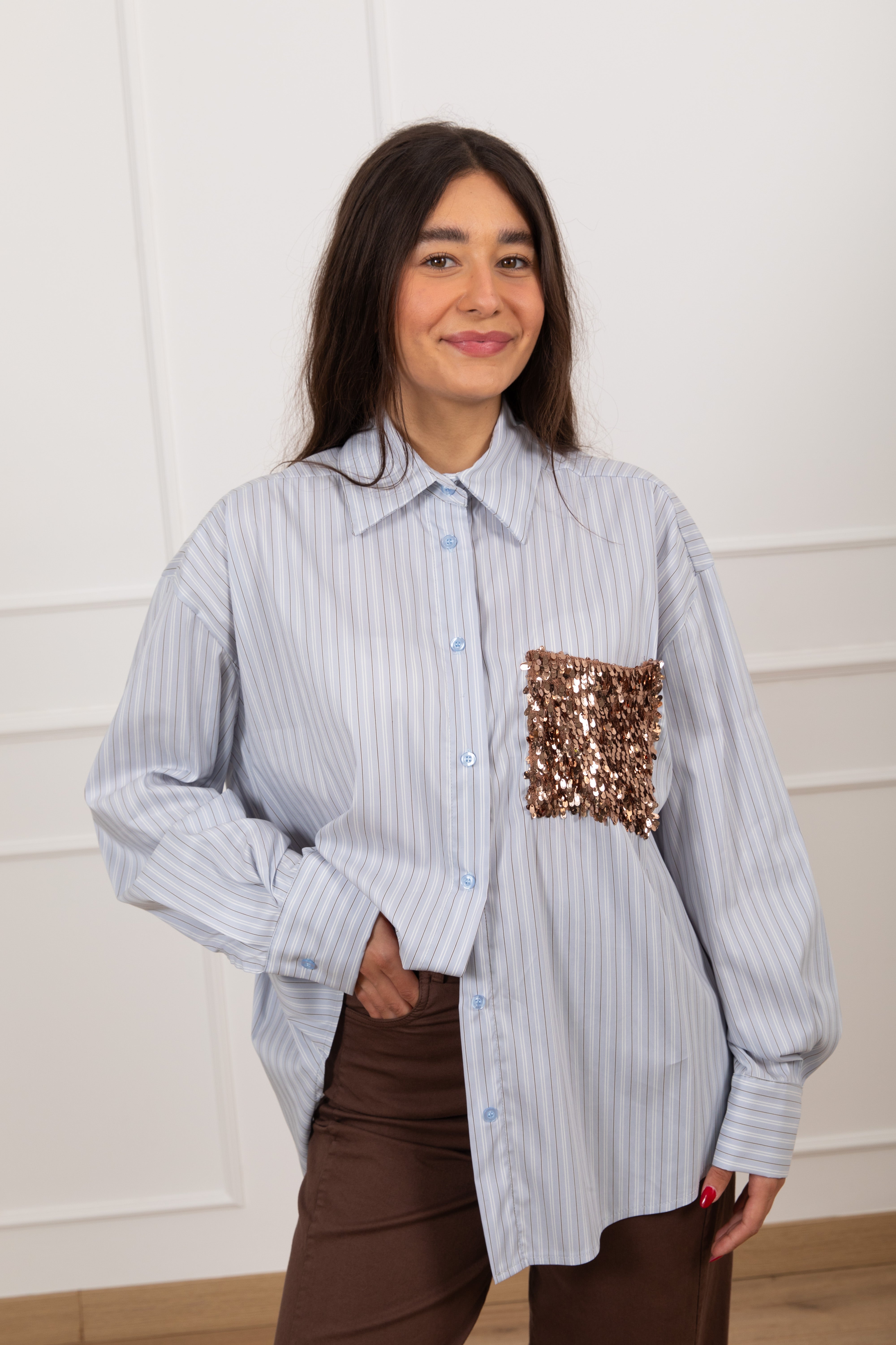 Camicia bacchettata con tasca paillettes bronzo Tensione IN